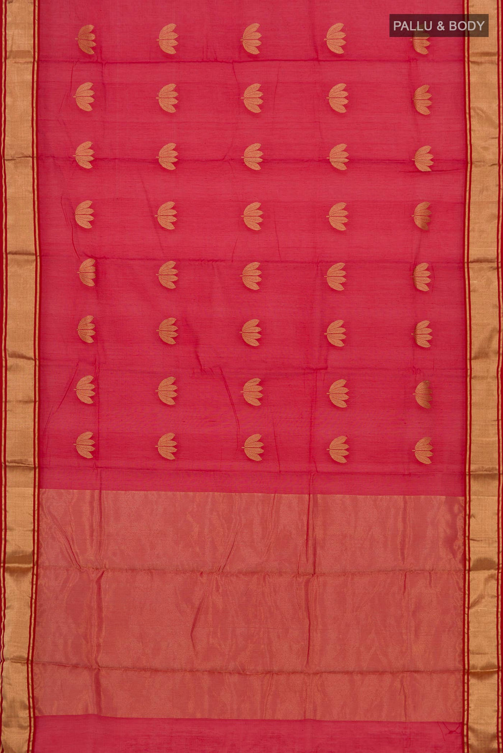 Flat view of Red Chanderi Silk Cotton Saree with Zari Butta on the body and Zari Border. 