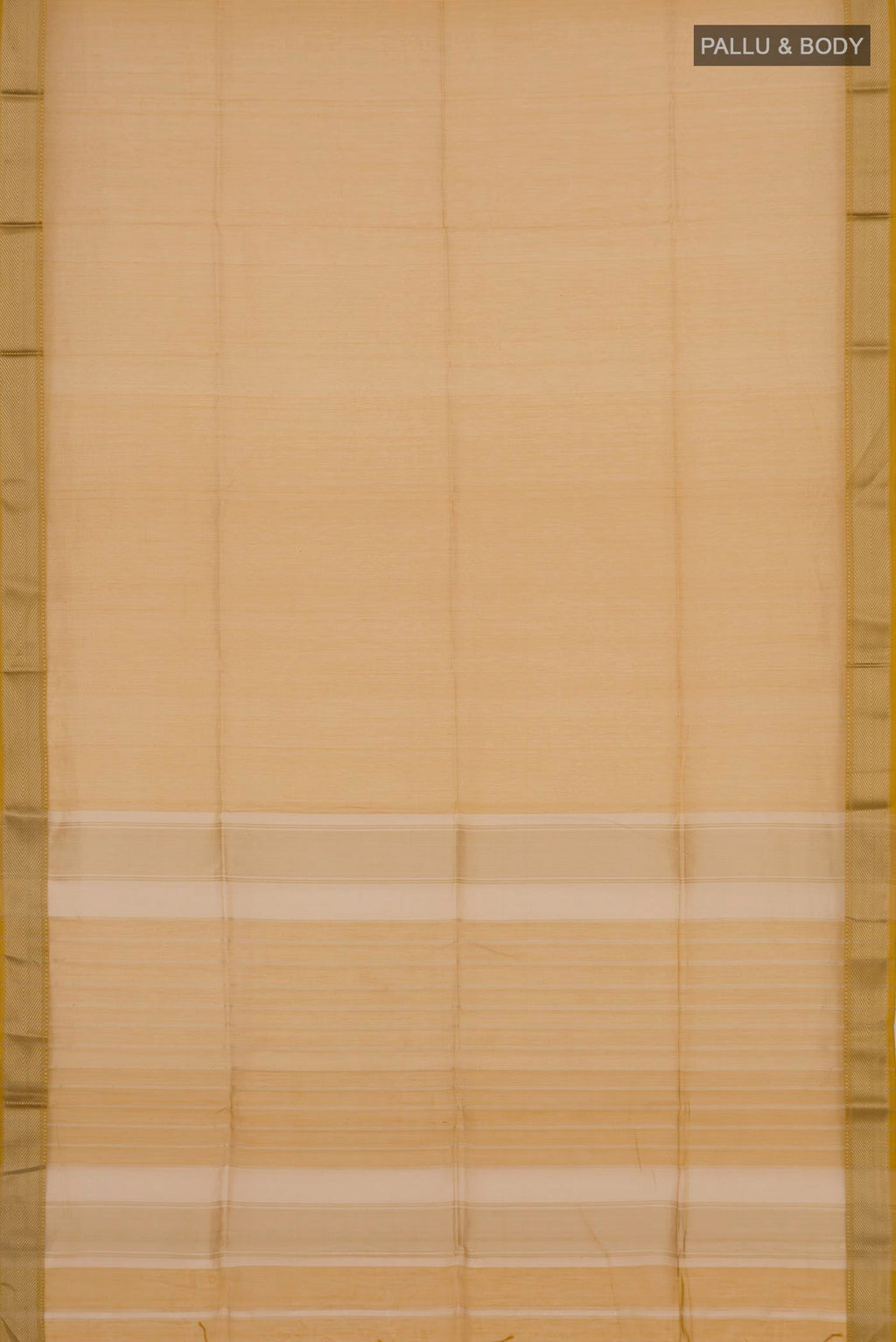 Flat view of Mustard Maheshwari Silk Cotton Saree with Plain Body and Thread Border. 