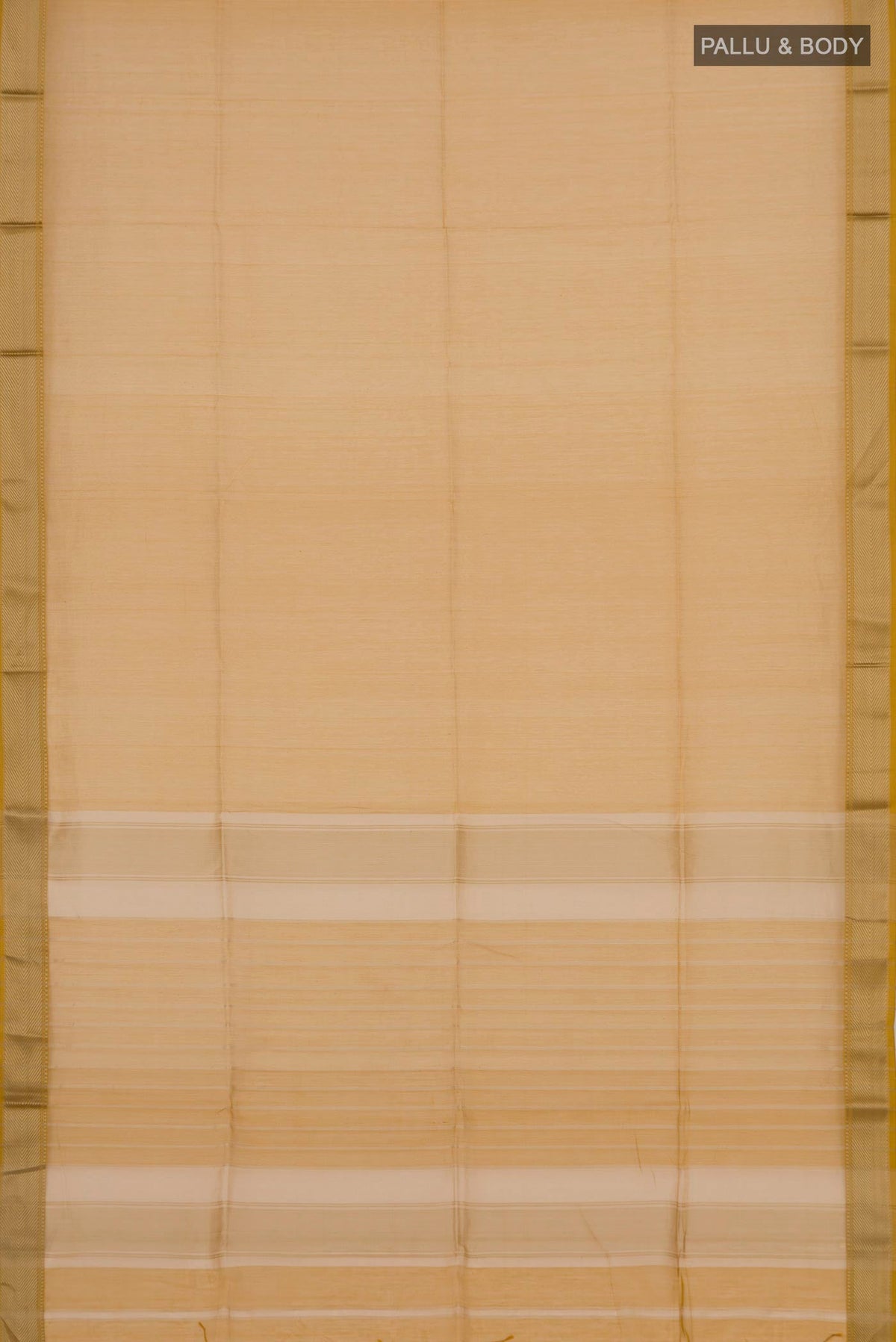 Flat view of Mustard Maheshwari Silk Cotton Saree with Plain Body and Thread Border. 