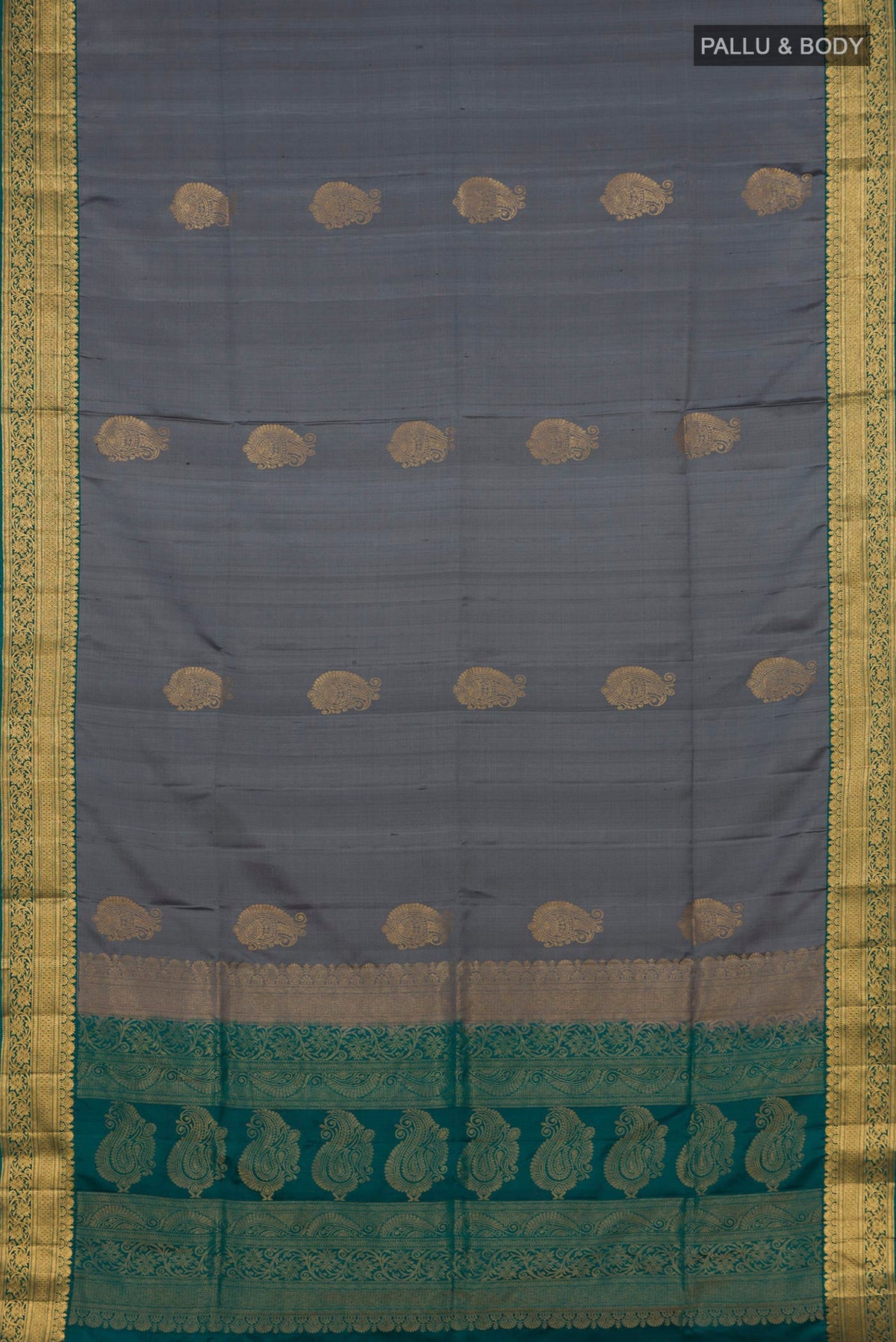 Flat view of Grey Soft Silk Saree with Zari Butta on the body and Zari Border. 