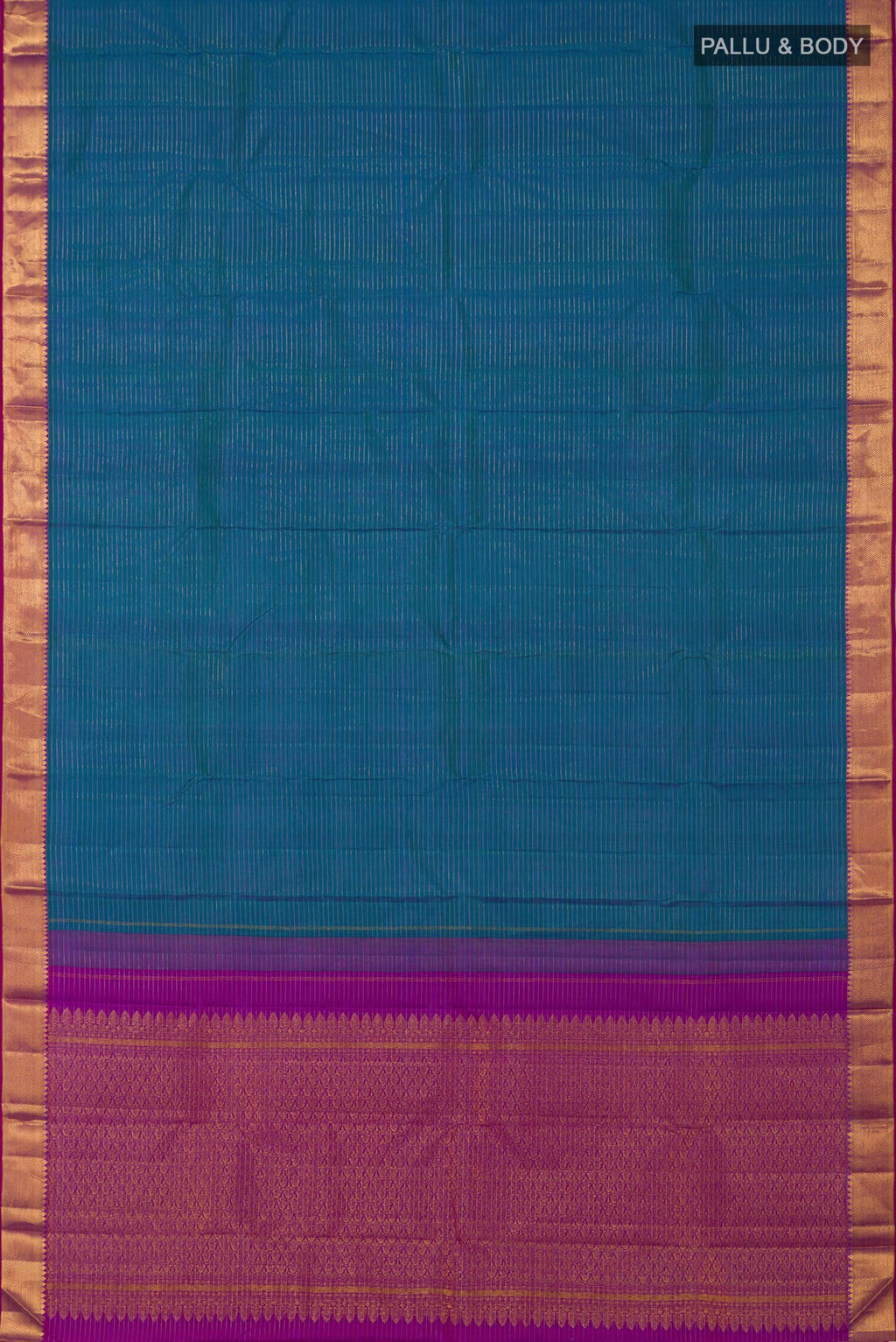 Flat view of Blue Kanchipuram Silk Saree with Stripes on the body and Zari Border. 