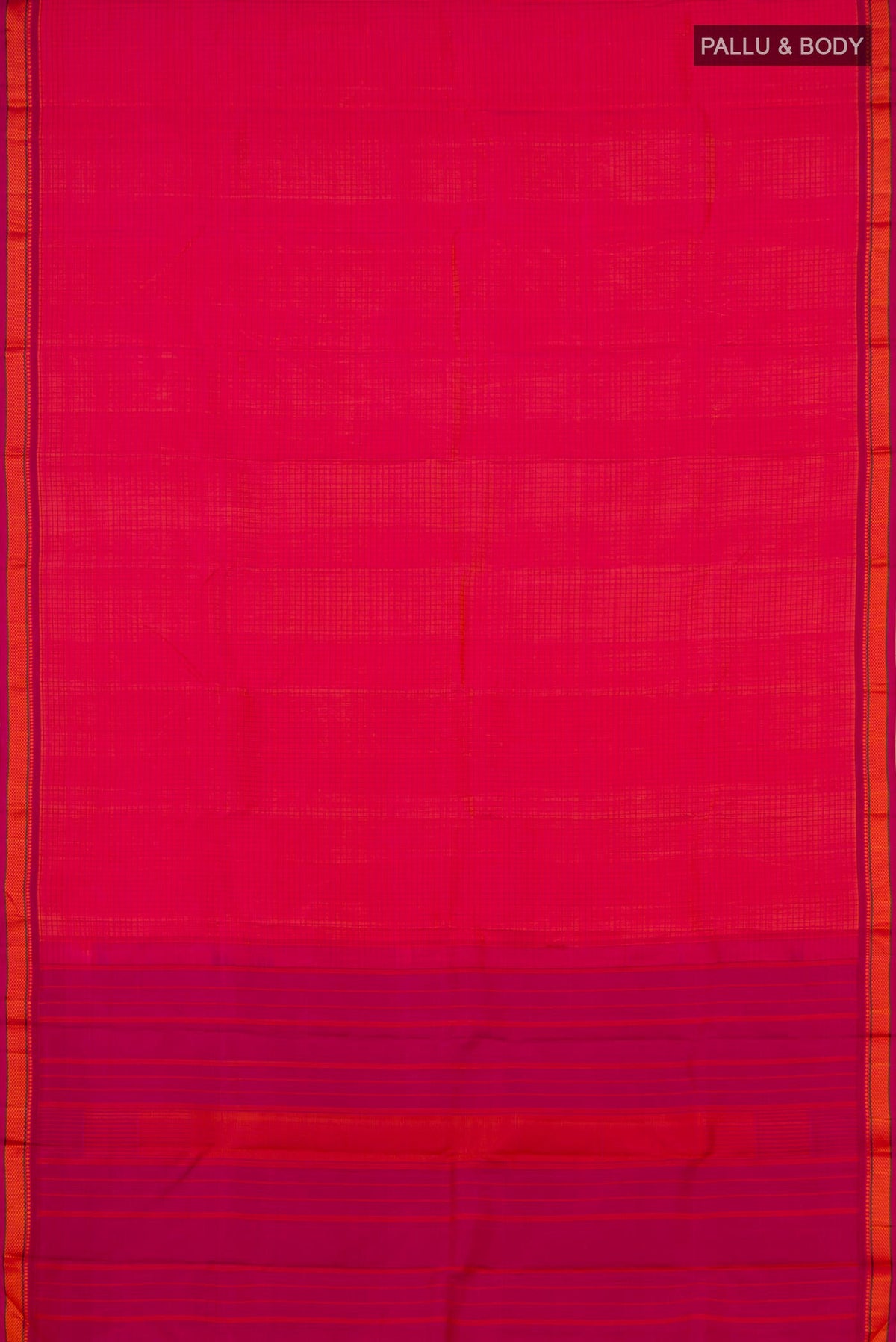 Flat view of Orange Dual Tone Kanjivaram Silk Saree with Thread Brocade on the body and Thread Border. 