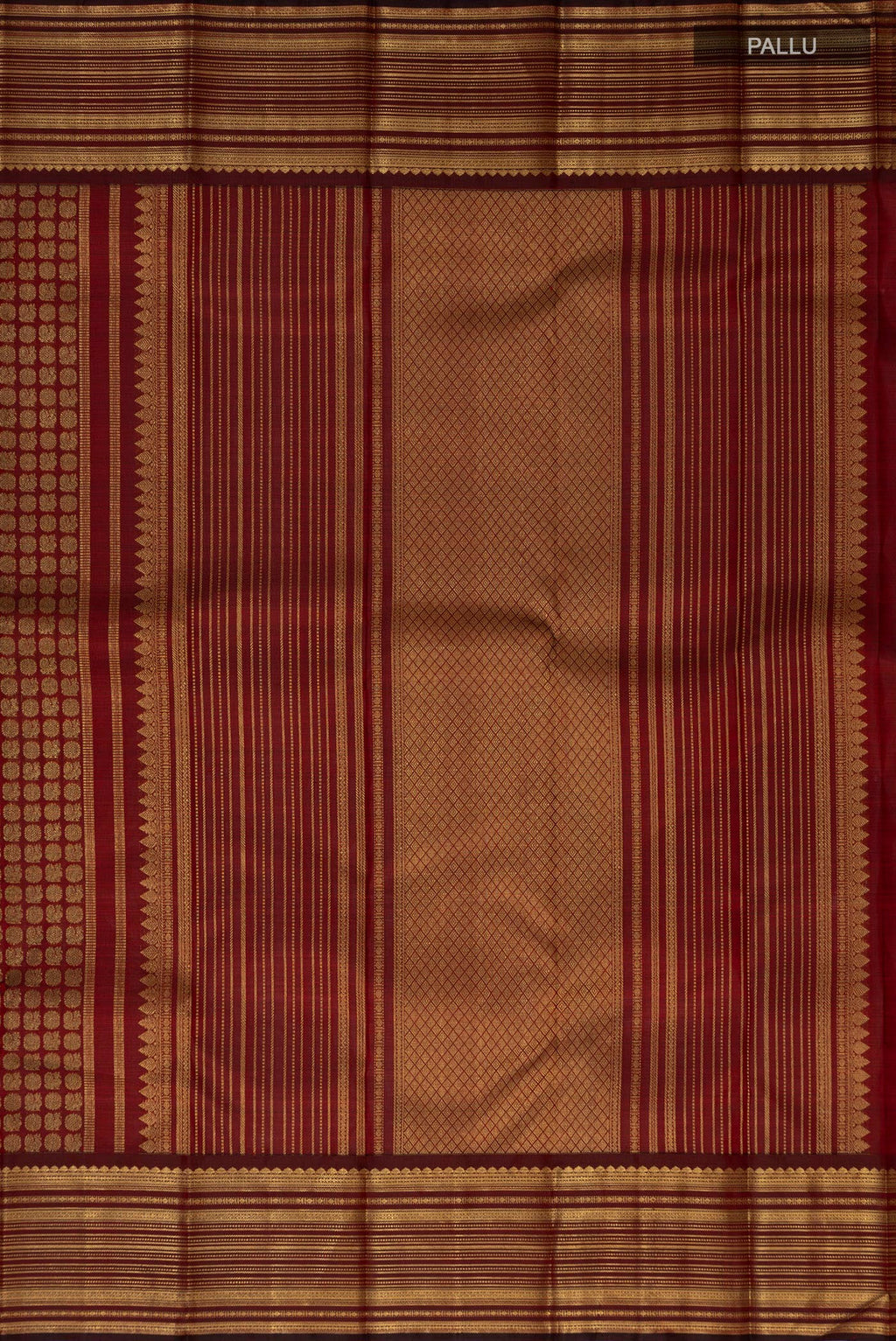 Close up image of the pallu of Pure Silk Pure Zari Maroon Kanjivaram Saree with Zari Brocade on the body and Zari Border. 