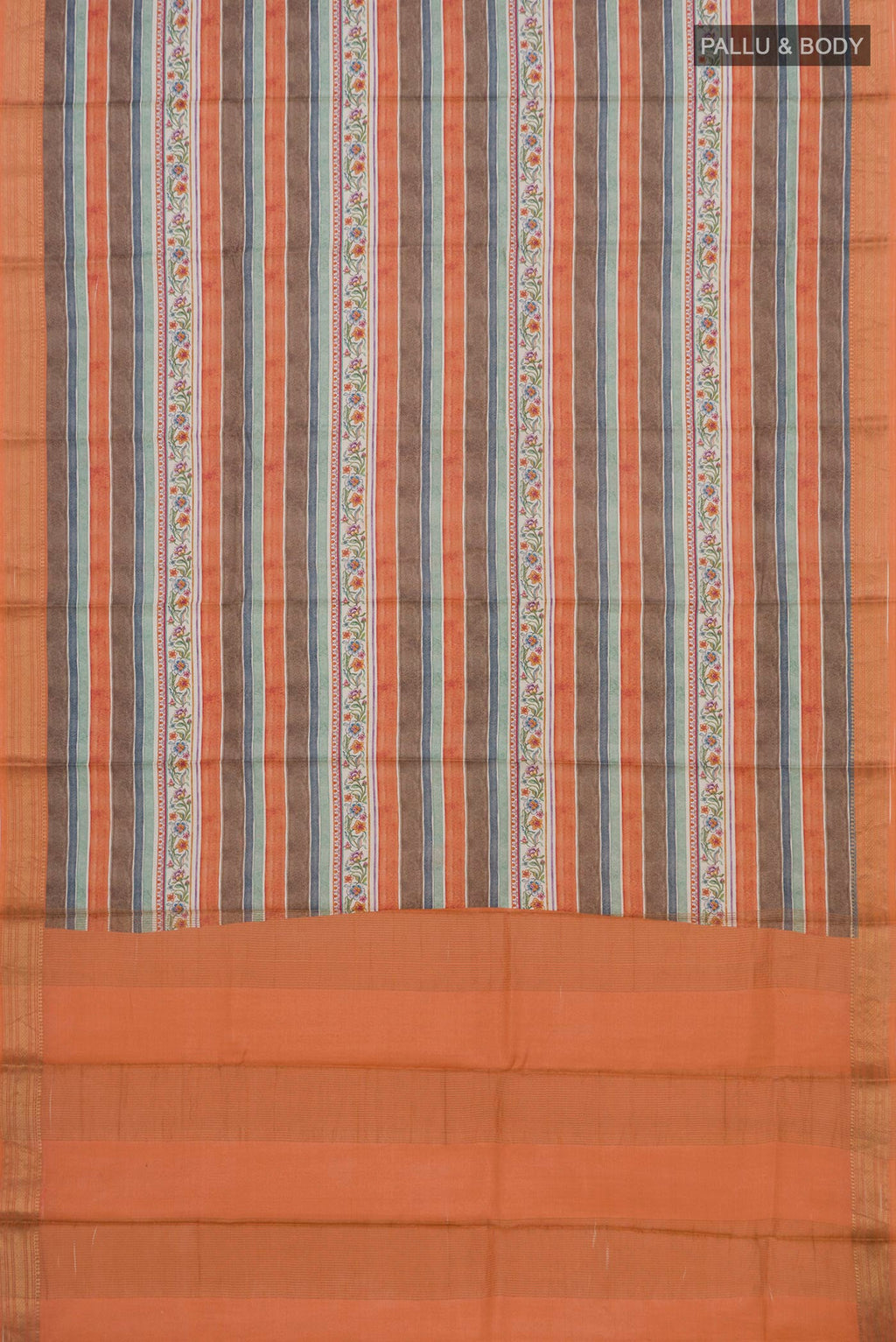 Flat view of Orange Tussar Silk Saree with Fancy on the body and Zari Border. 