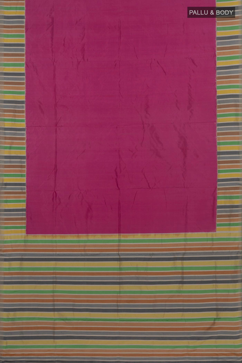Flat view of Pink Pochampally Silk Saree with Plain Body and Plain Border. 