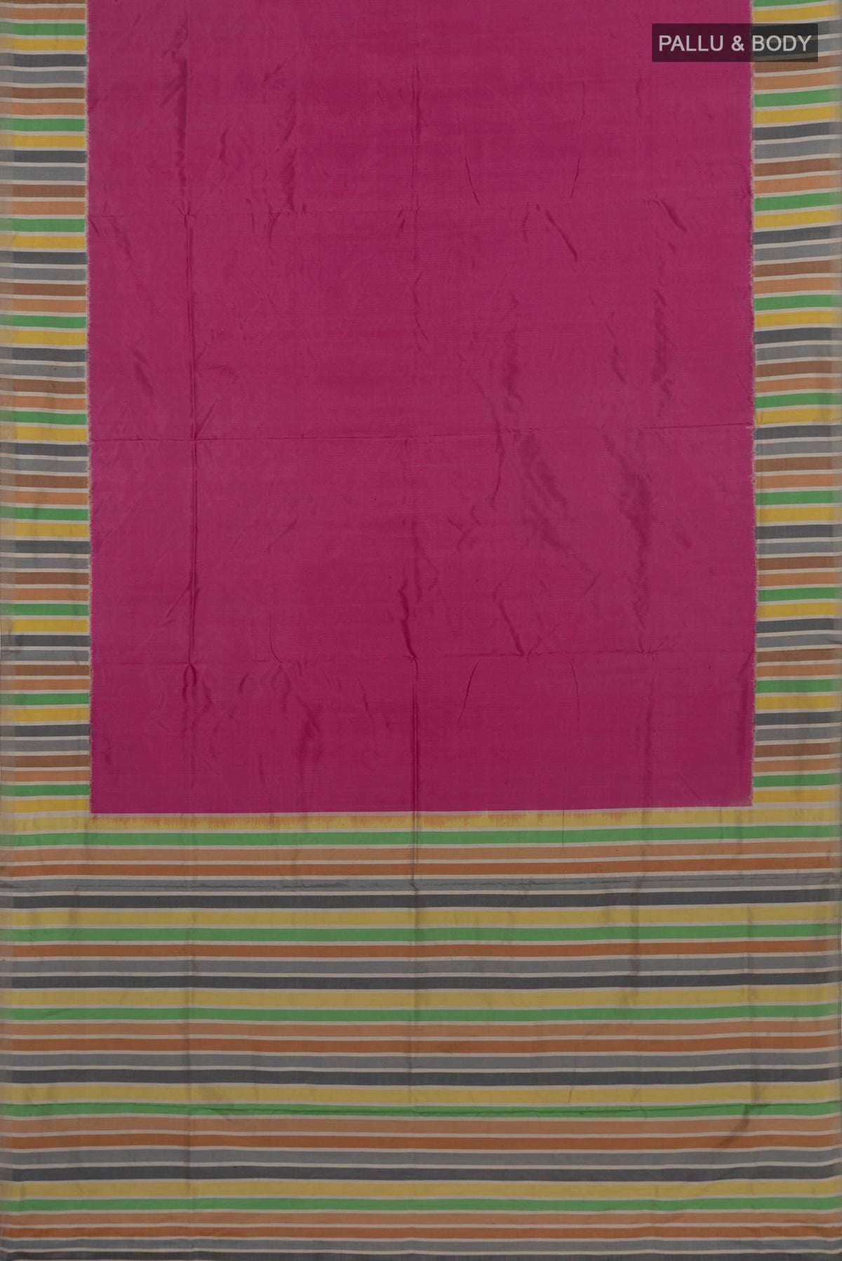 Flat view of Pink Pochampally Silk Saree with Plain Body and Plain Border. 