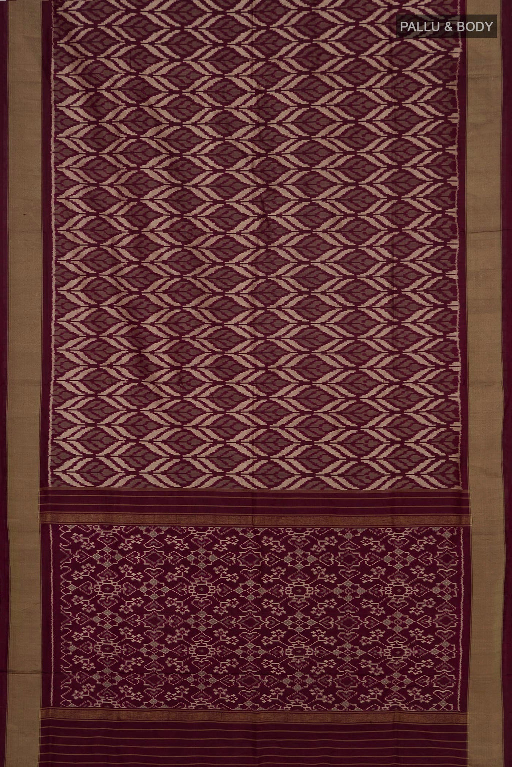 Flat view of Brown Pochampally Silk Saree with Ikat Print on the body and Zari Border. 