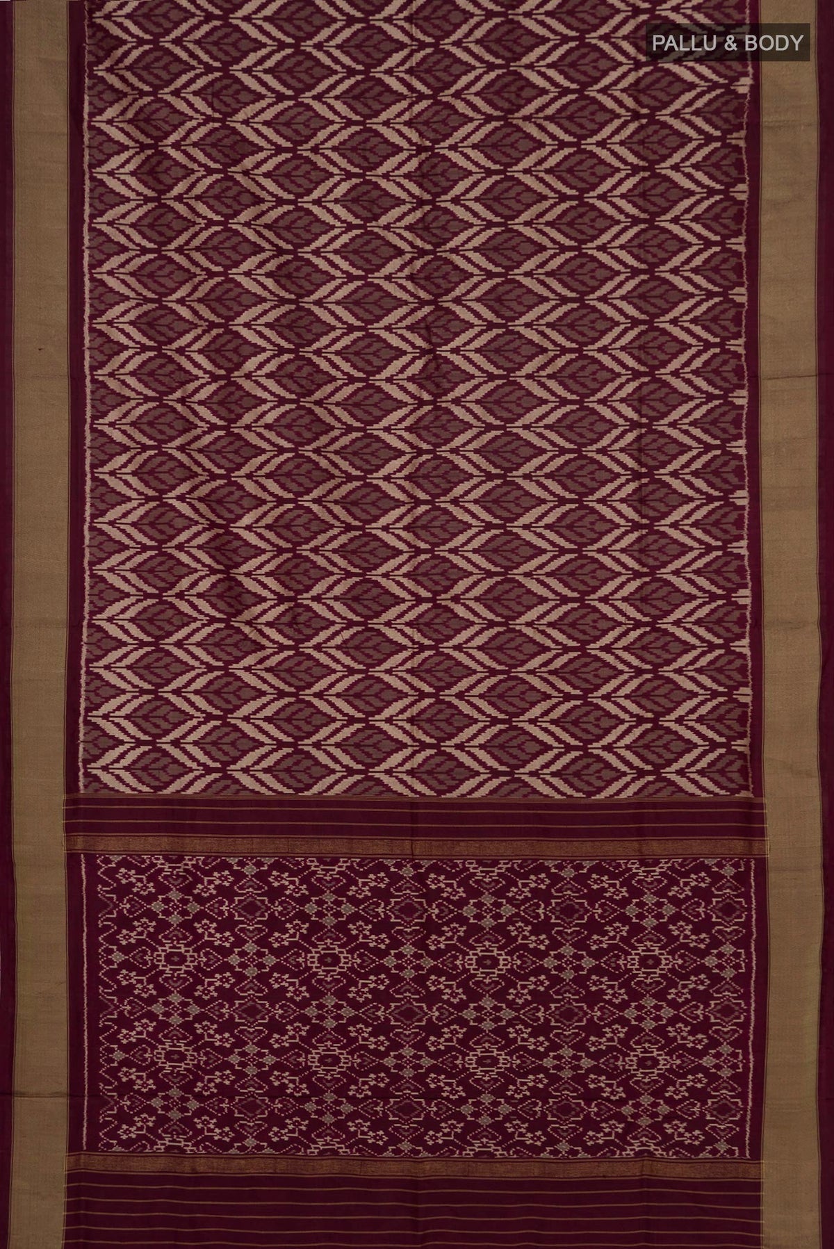 Flat view of Brown Pochampally Silk Saree with Ikat Print on the body and Zari Border. 
