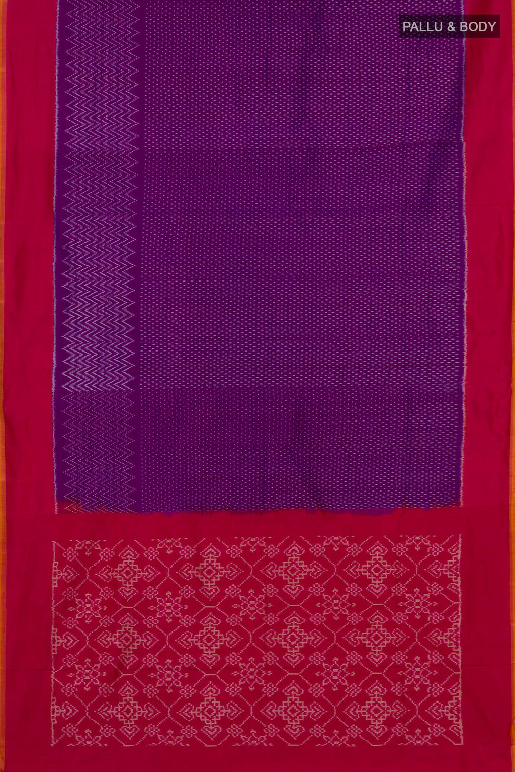 Flat view of Purple Pochampally Silk Saree with Ikat design on the body and Plain Border. 