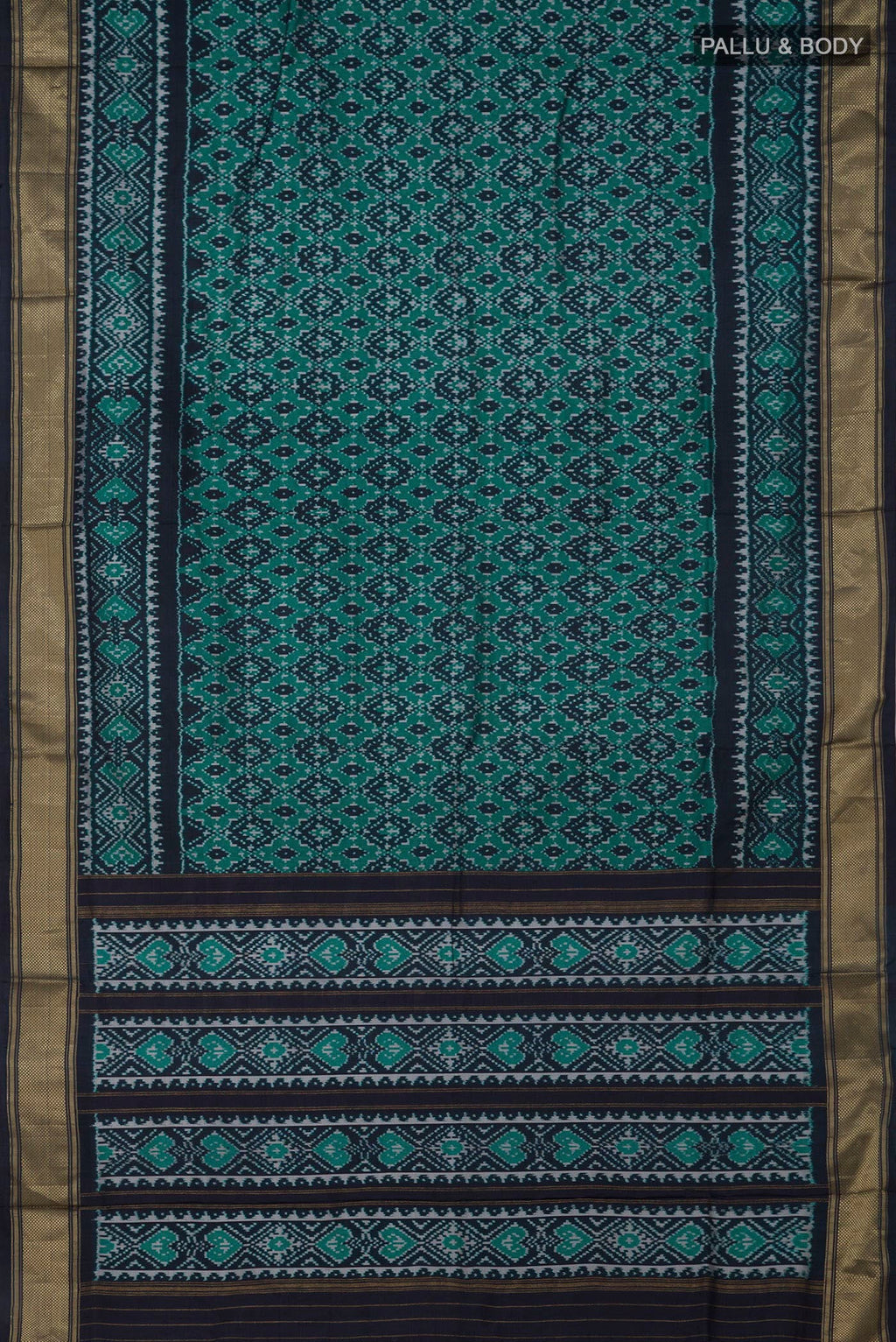 Flat view of Green Pochampally Silk Saree with Ikat design on the body and Zari Border. 