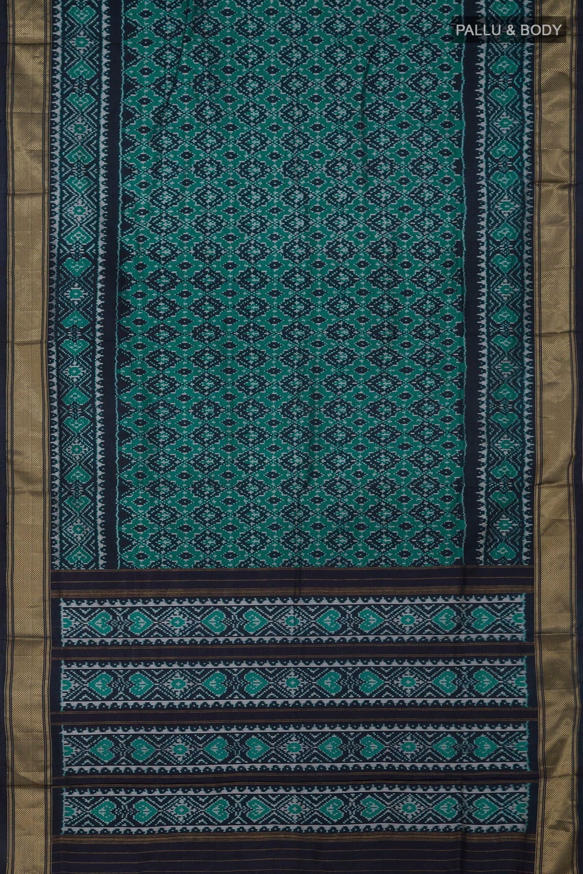 Flat view of Green Pochampally Silk Saree with Ikat design on the body and Zari Border. 