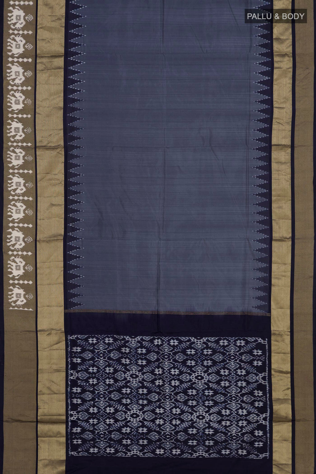 Flat view of Grey Pochampally Silk Saree with Ikat design on the body and Zari Border. 
