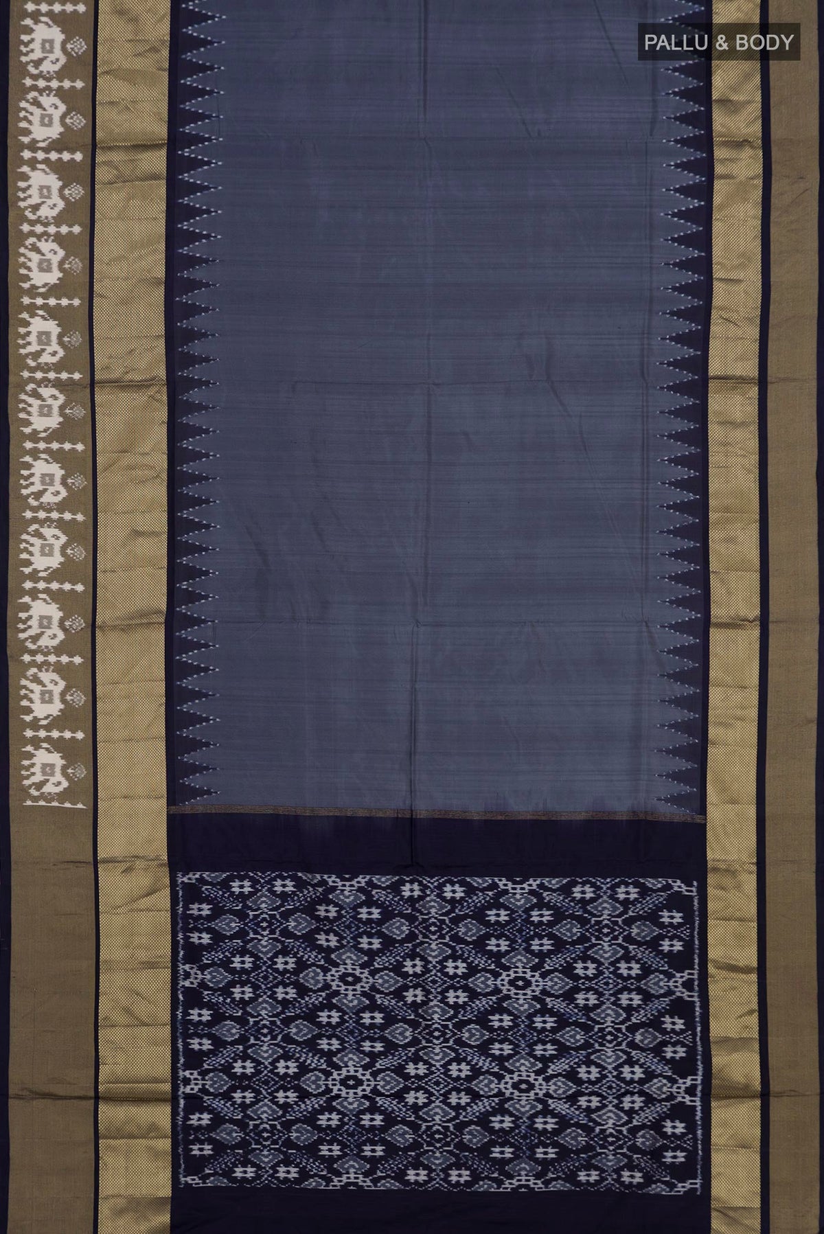 Flat view of Grey Pochampally Silk Saree with Ikat design on the body and Zari Border. 