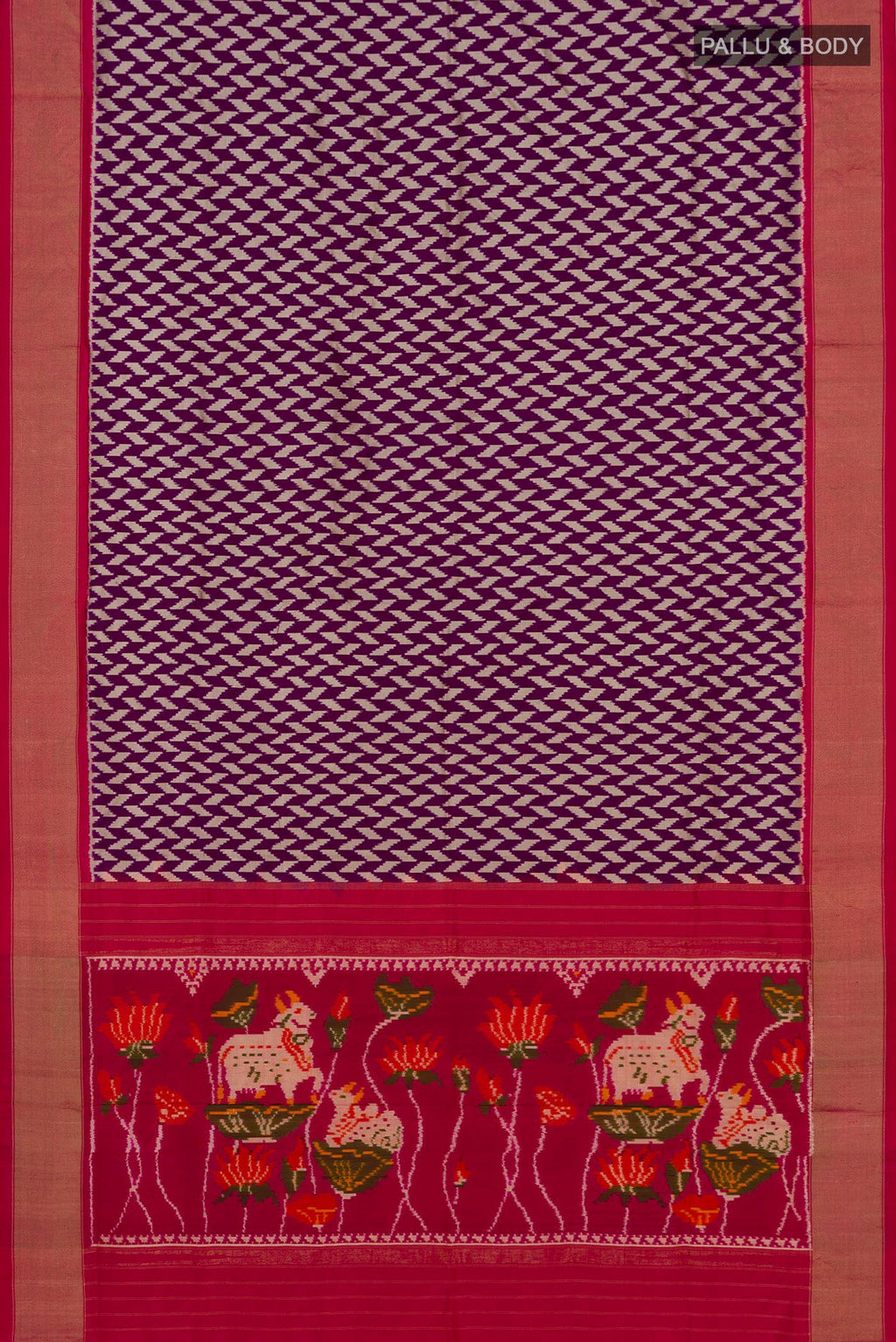 Flat view of Purple Pochampally Silk Saree with Ikat design on the body and Zari Border. 