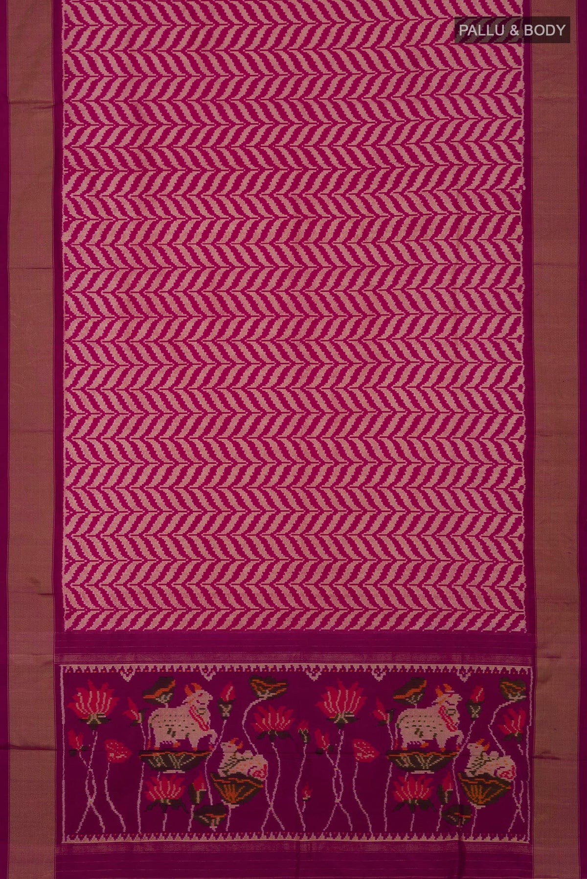 Flat view of Pink Pochampally Saree with Ikat design on the body and Zari Border. 