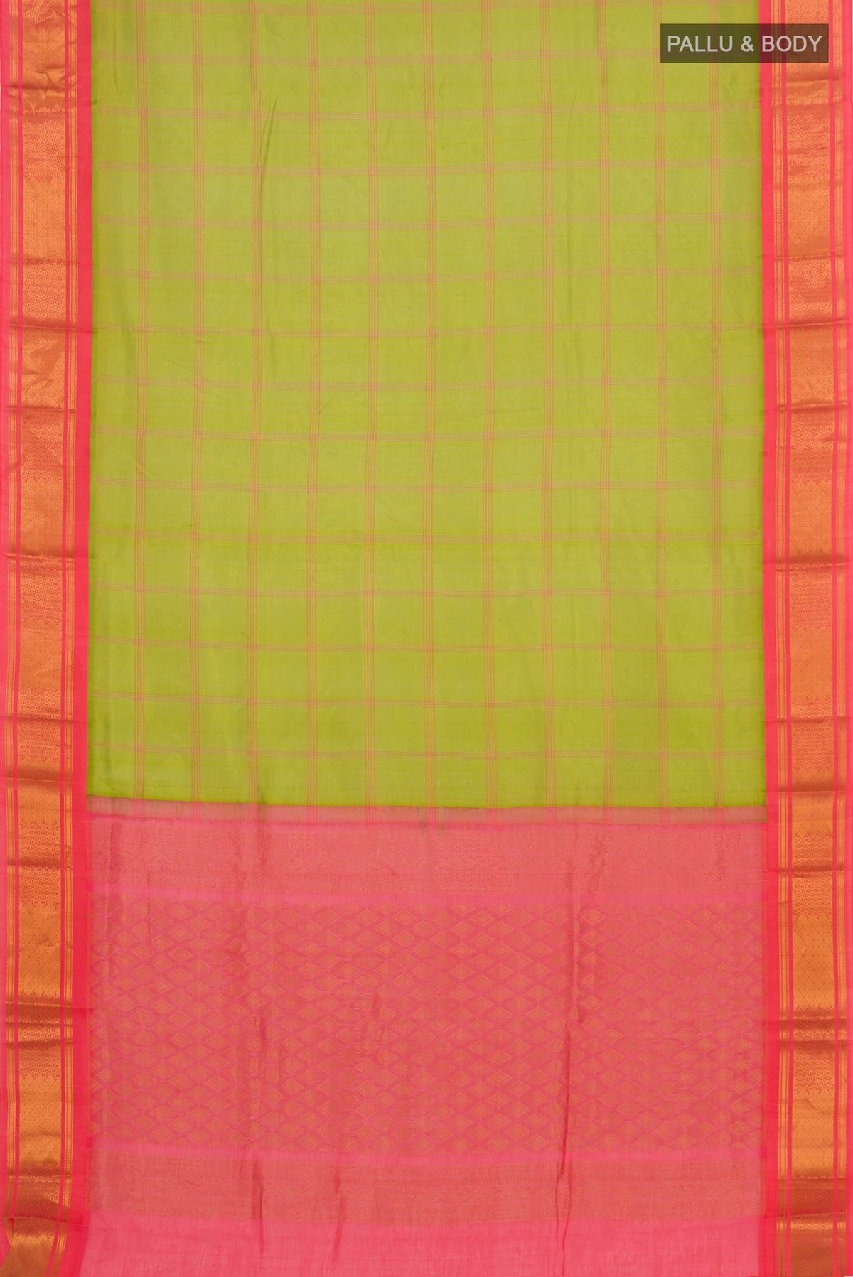 Flat view of Green Silk Cotton Saree with Checked design on the body and Zari Border. 