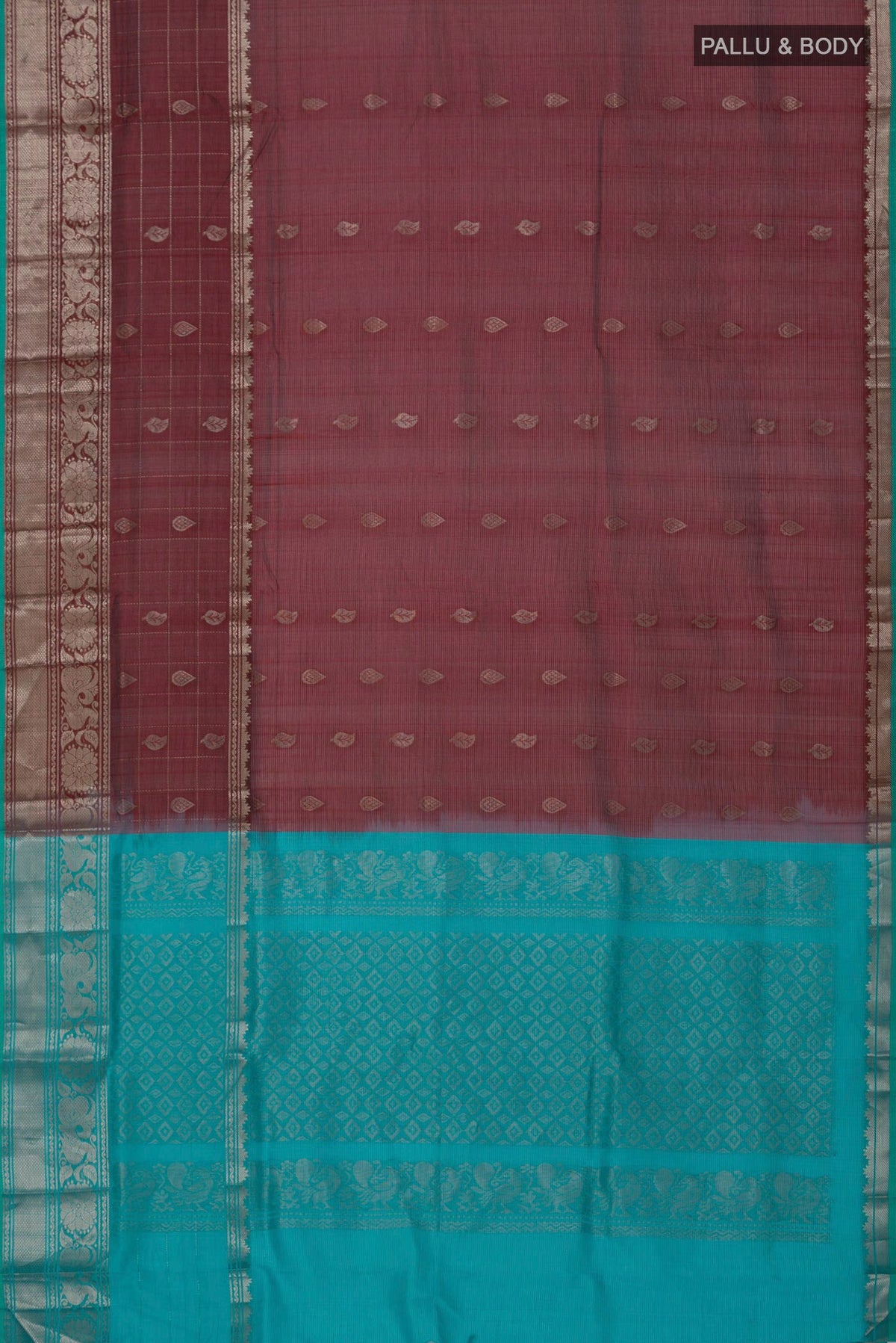 Flat view of Maroon Silk Cotton Saree with Zari Butta on the body and Zari Border. 