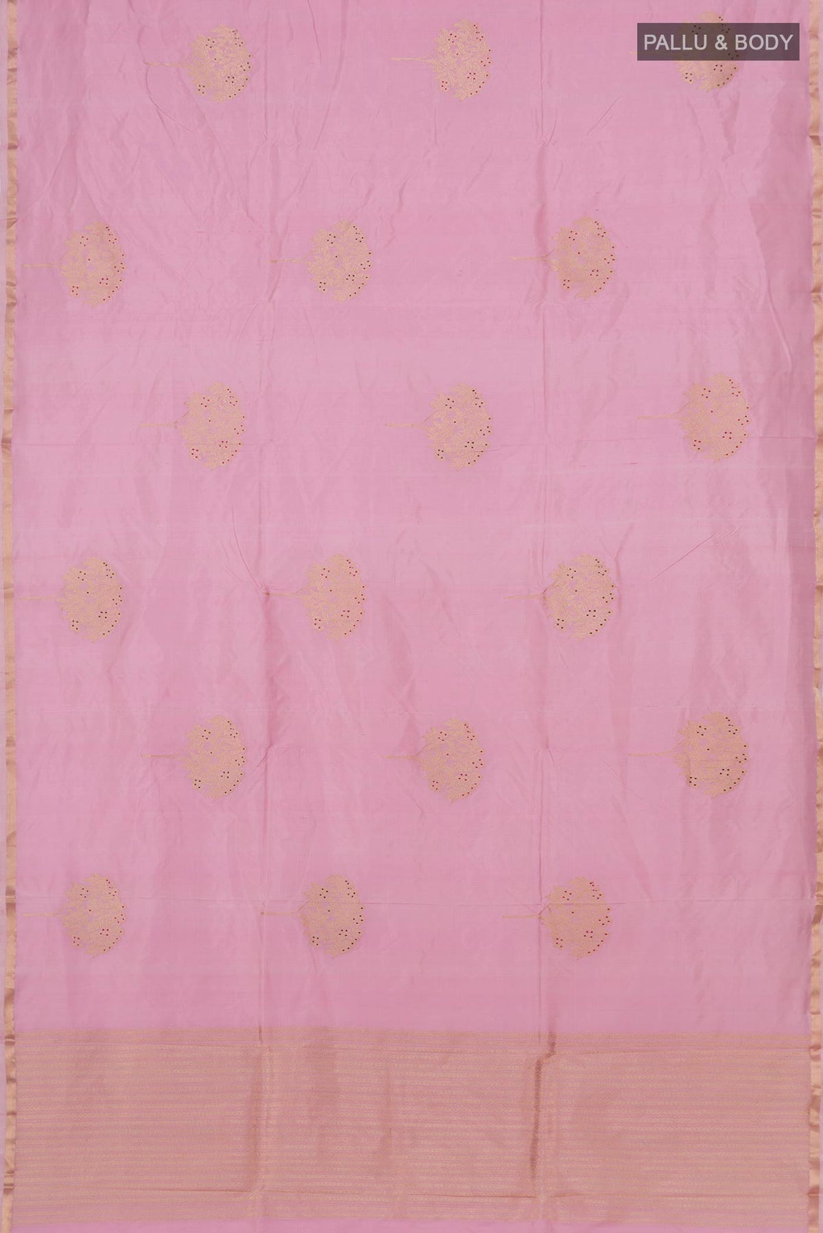 Flat view of Rose pink Banarasi Katan Silk Saree with Zari Butta on the body and Zari Border. 