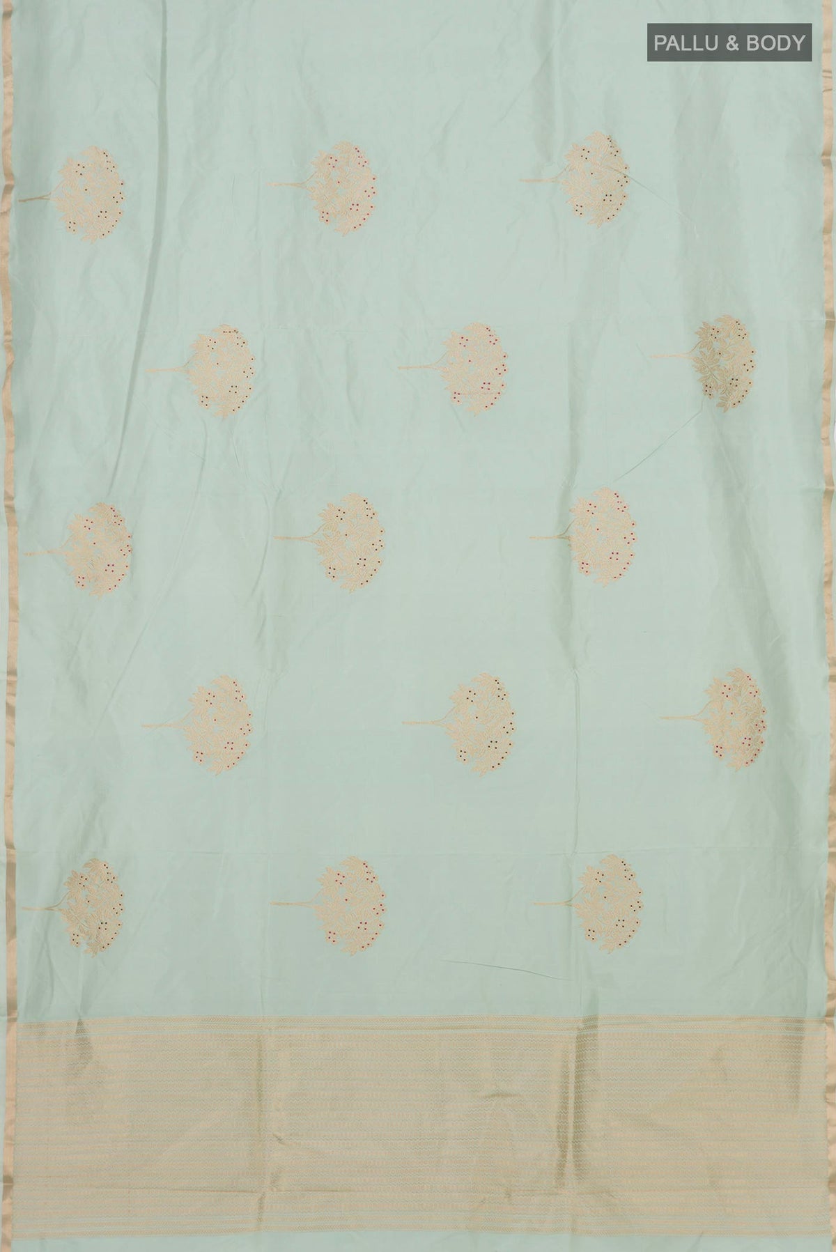 Flat view of Light Green Banarasi Katan Silk Saree with Zari Butta on the body and Thin Zari Line. 