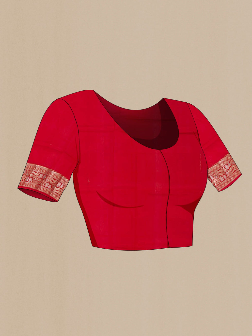 Close up image of the blouse of Red Raw Silk Saree with Zari Butta on the body and Zari Border. 