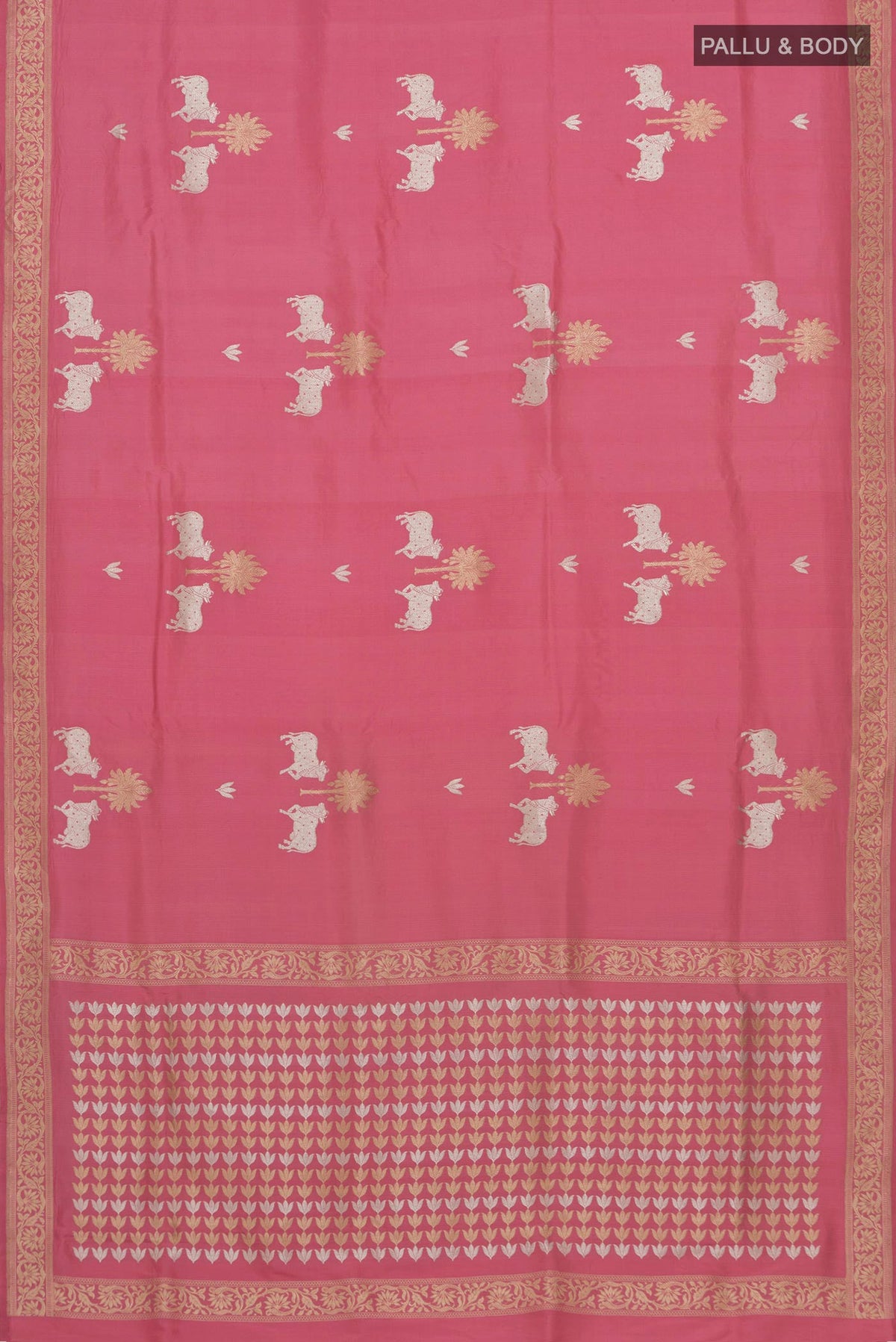 Flat view of Pink Banarasi Saree with Fancy on the body and Zari Border. 