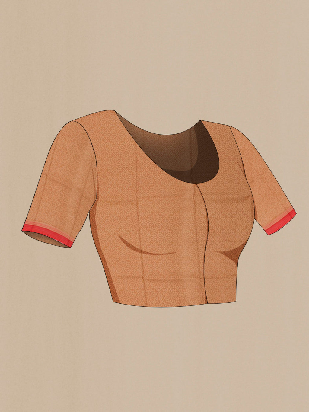 Close up image of the blouse of Red Printed Silk Saree with Printed design on the body and Plain Border. 