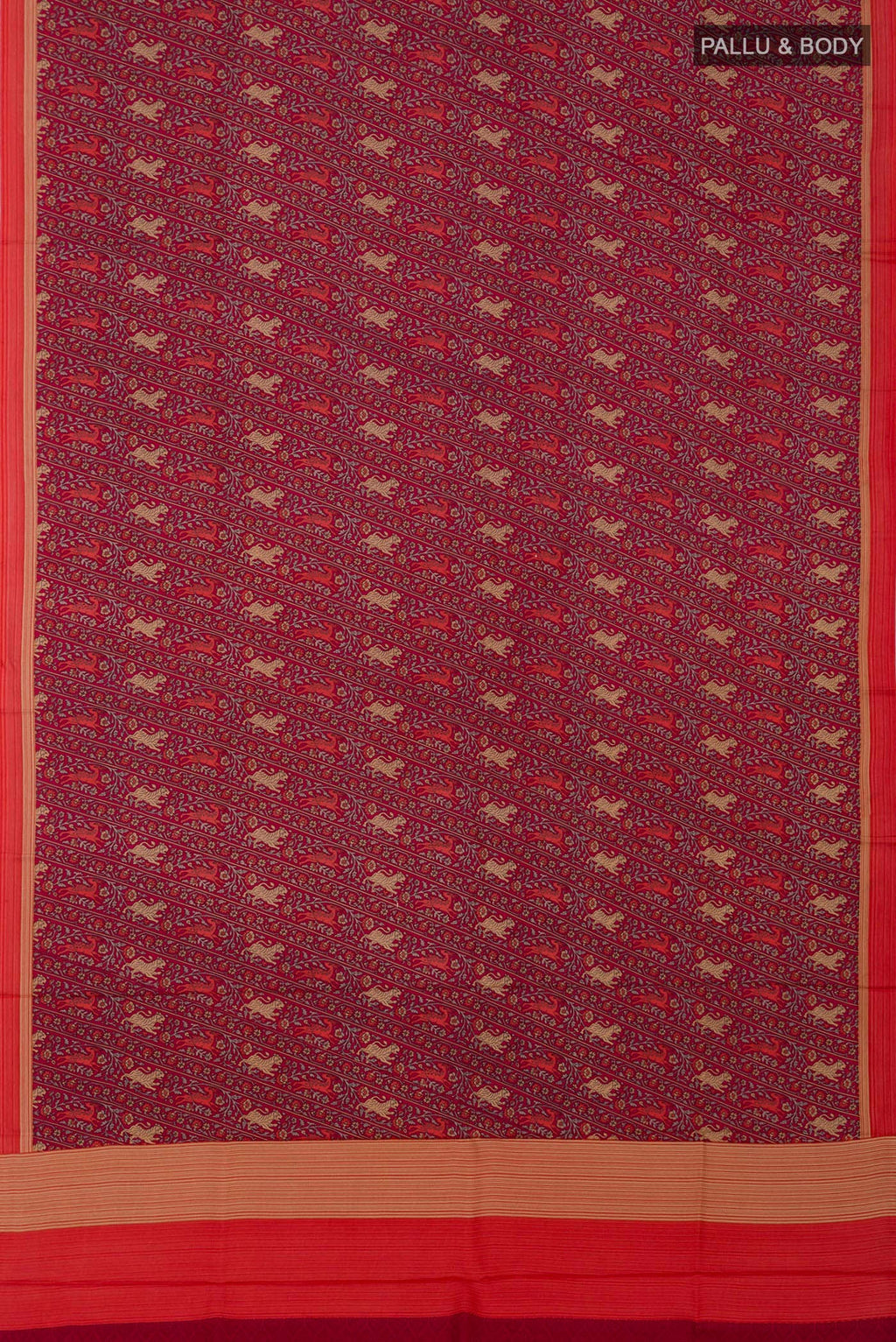 Flat view of Red Printed Silk Saree with Printed design on the body and Plain Border. 