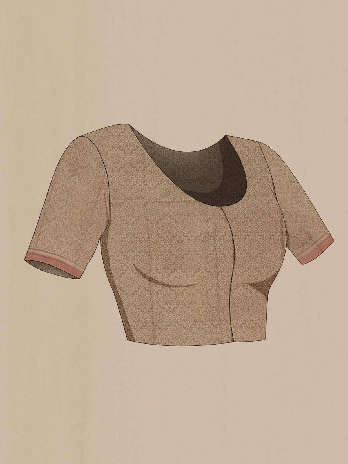 Close up image of the blouse of Cream Printed Silk Saree with Printed design on the body and Plain Border. 