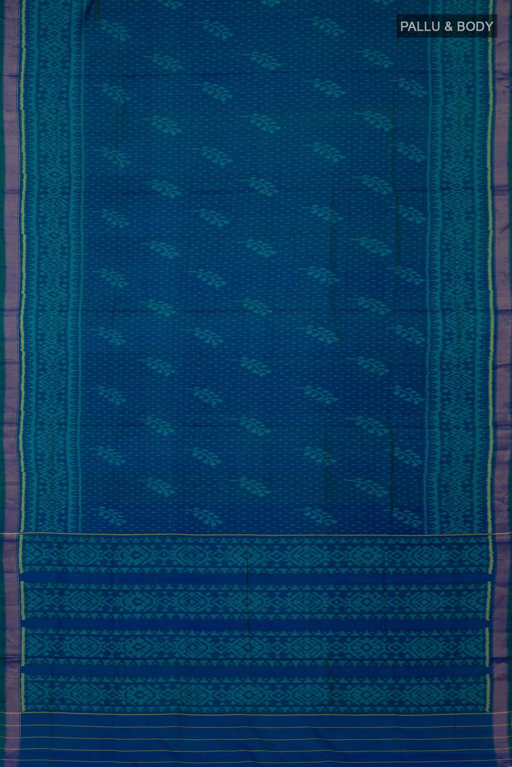 Flat view of Blue Rajkot Patola Silk Saree with Ikat Print on the body and Zari Border. 