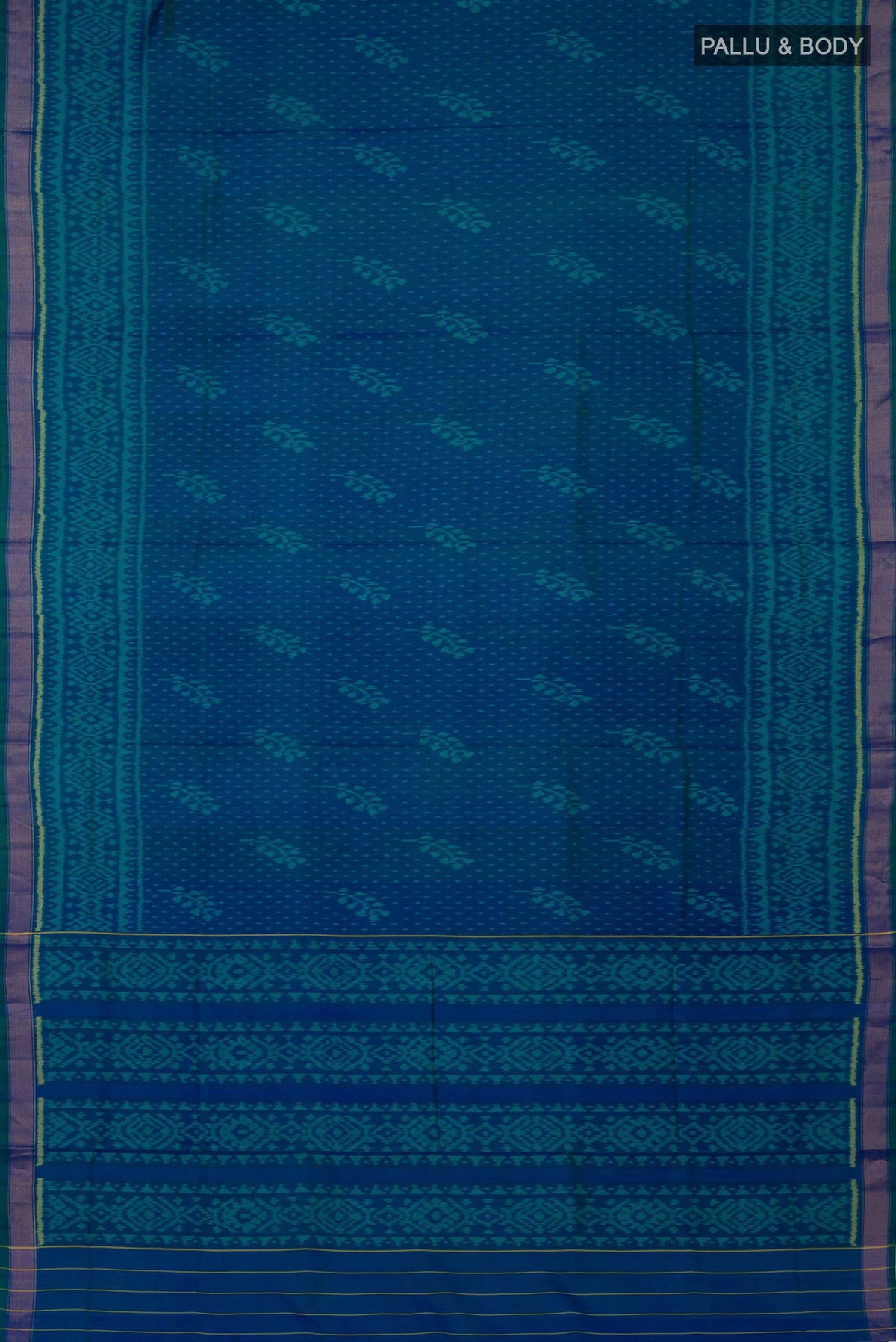 Flat view of Blue Rajkot Patola Silk Saree with Ikat Print on the body and Zari Border. 