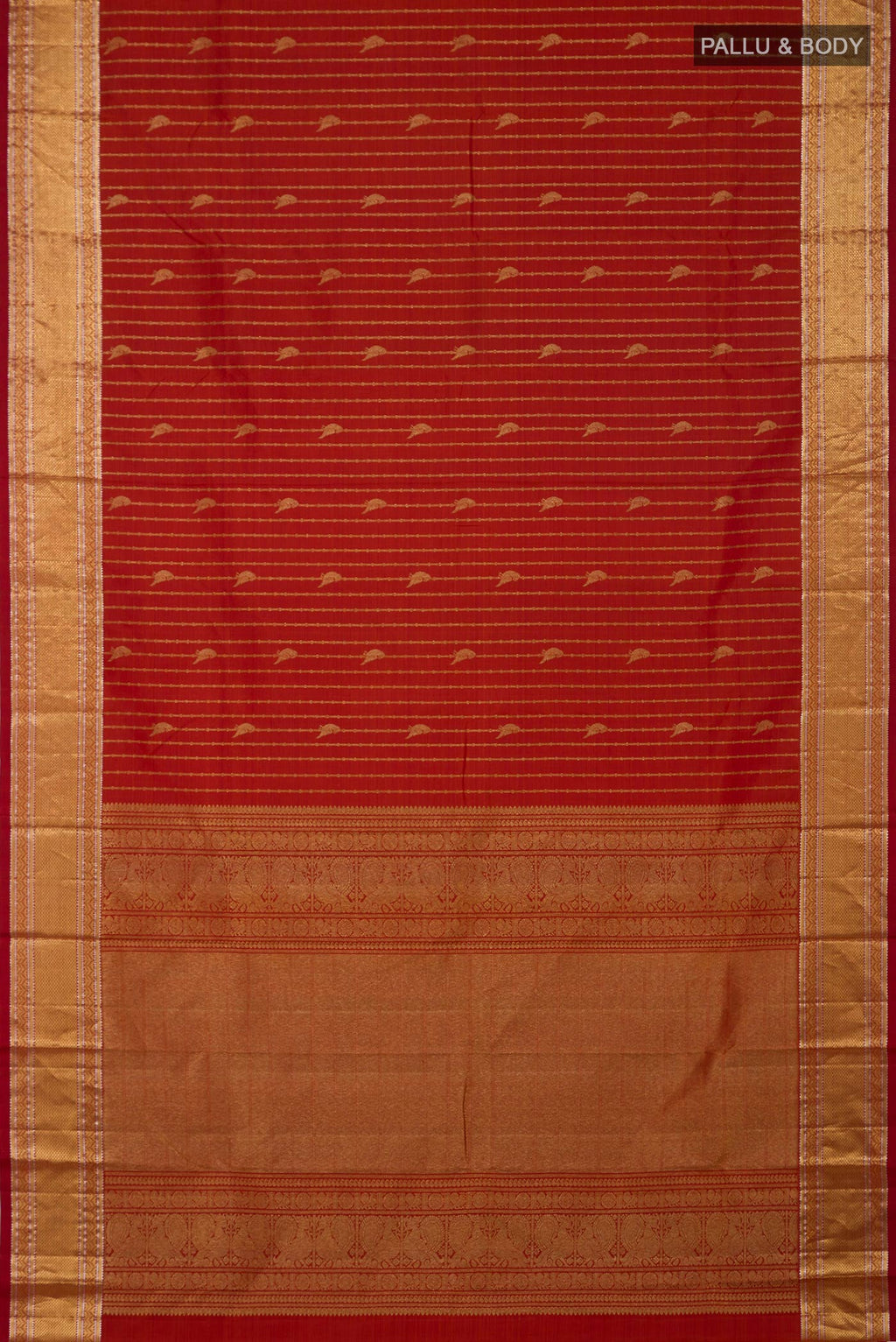 Flat view of Rust Kanchipuram Silk Saree with Stripes on the body and Zari Border. 