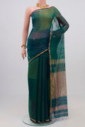 Green Maheshwari Silk Saree with Zari Butta on the body and Zari Border.  displayed on a mannequin