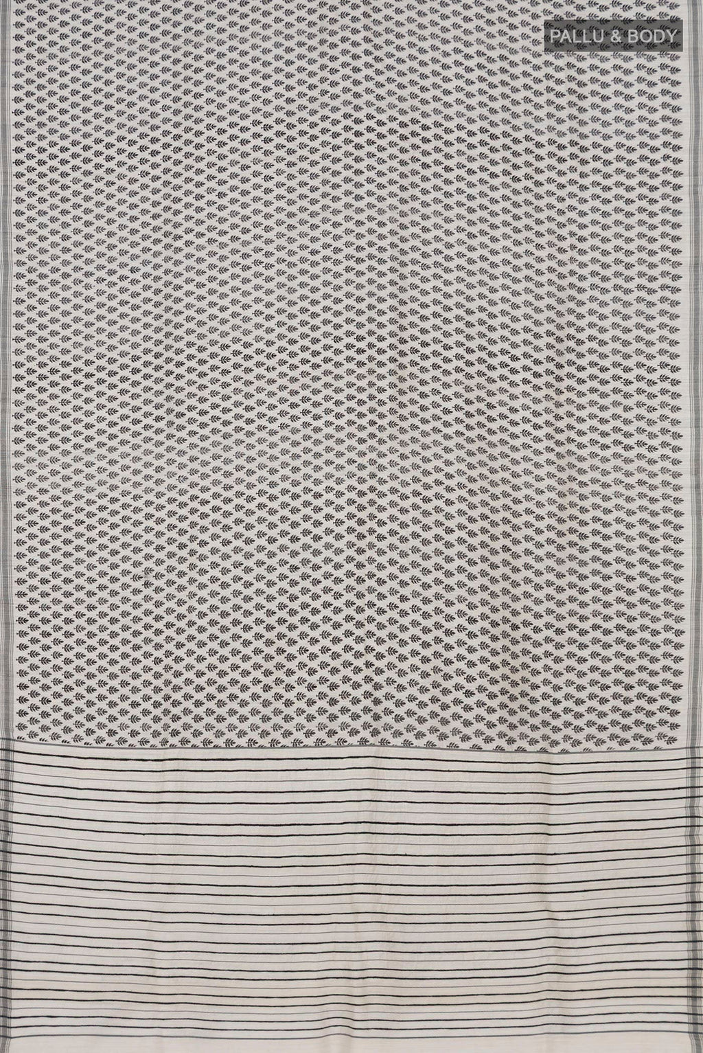 Flat view of White Tussar Silk Saree with Printed design on the body and Plain Border. 