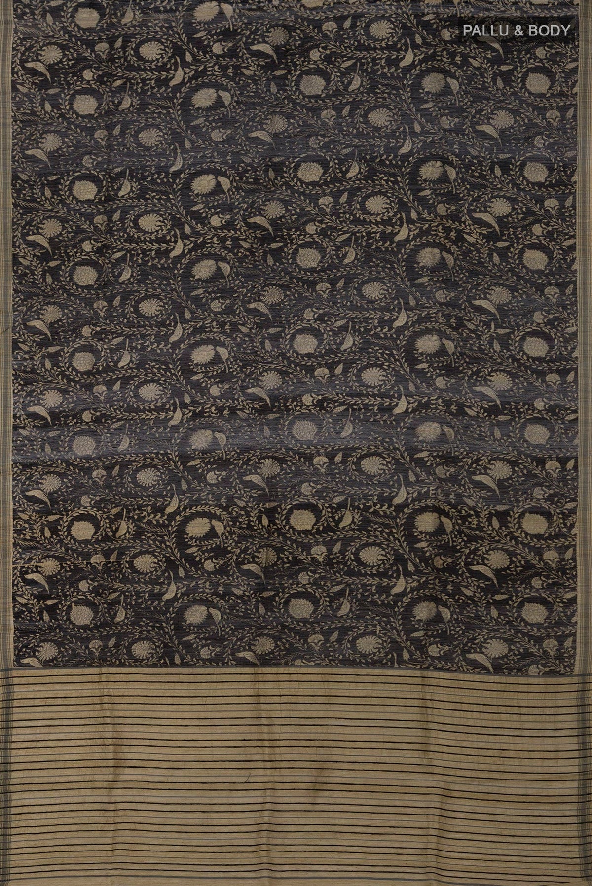 Flat view of Black Jute Silk Saree with Fancy on the body and Without Border. 
