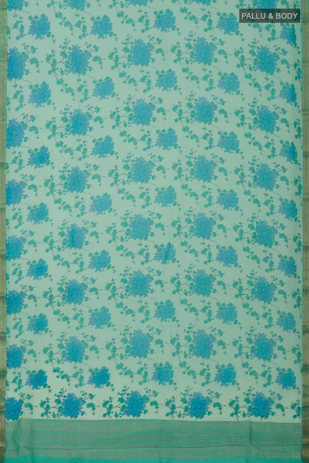 Flat view of Pista Green Chiffon Saree with Printed design on the body and Zari Border. 
