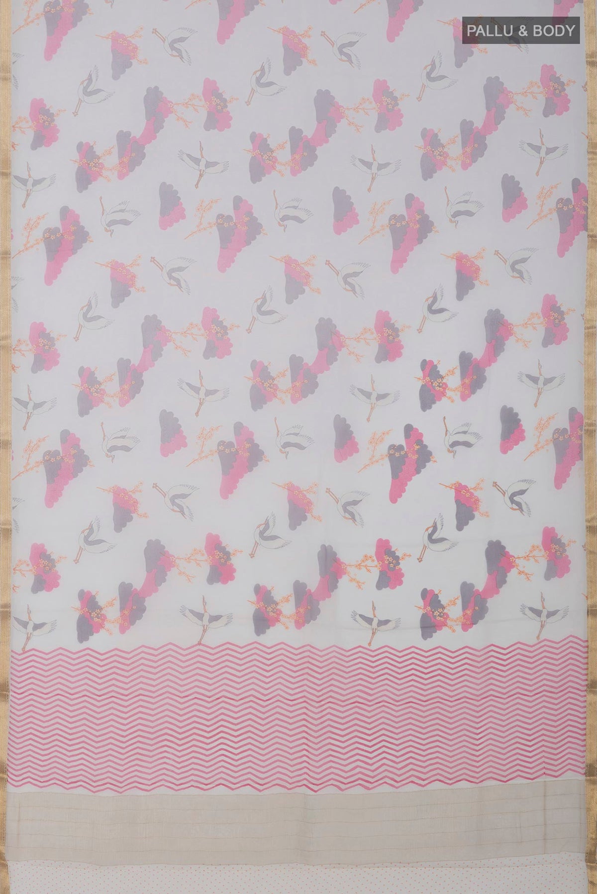 Flat view of White Chiffon Saree with Printed design on the body and Thin Zari Line. 