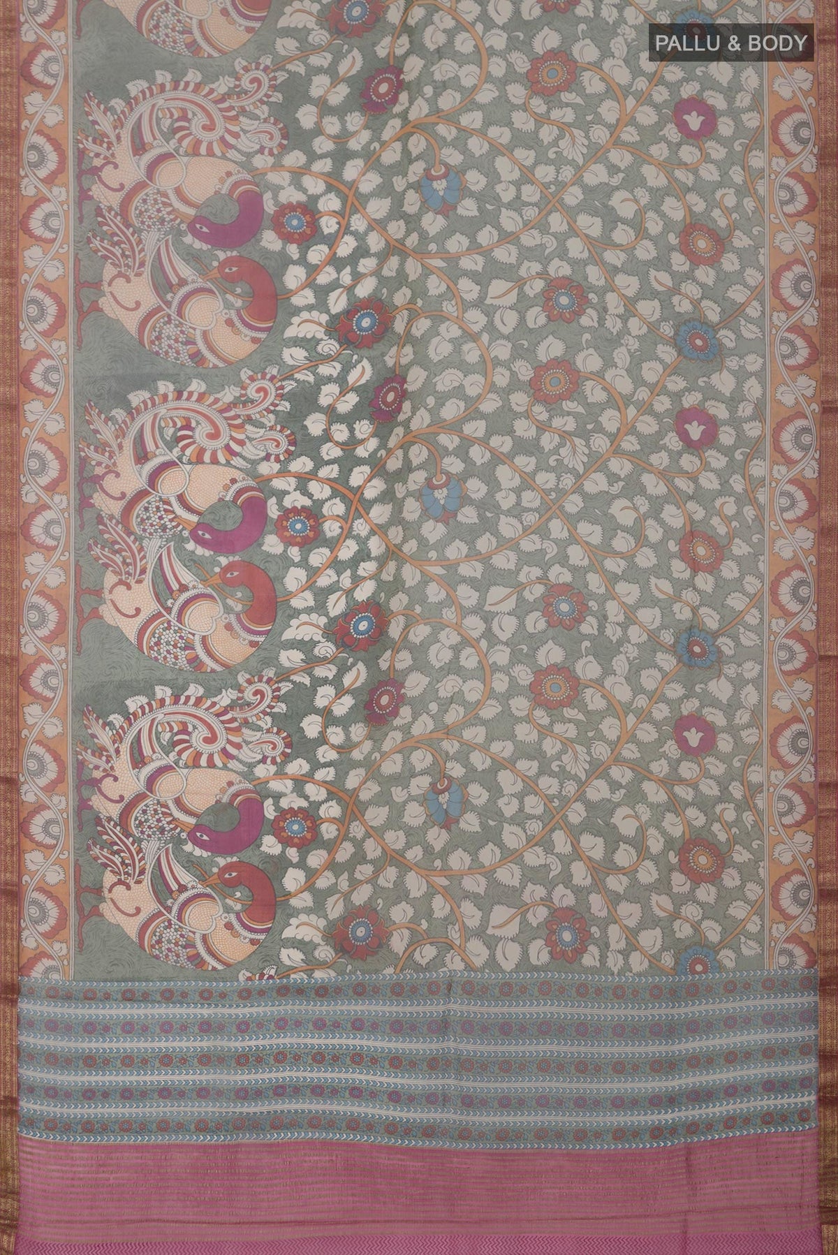 Flat view of Light Green Chiffon Saree with Printed design on the body and Zari Border. 