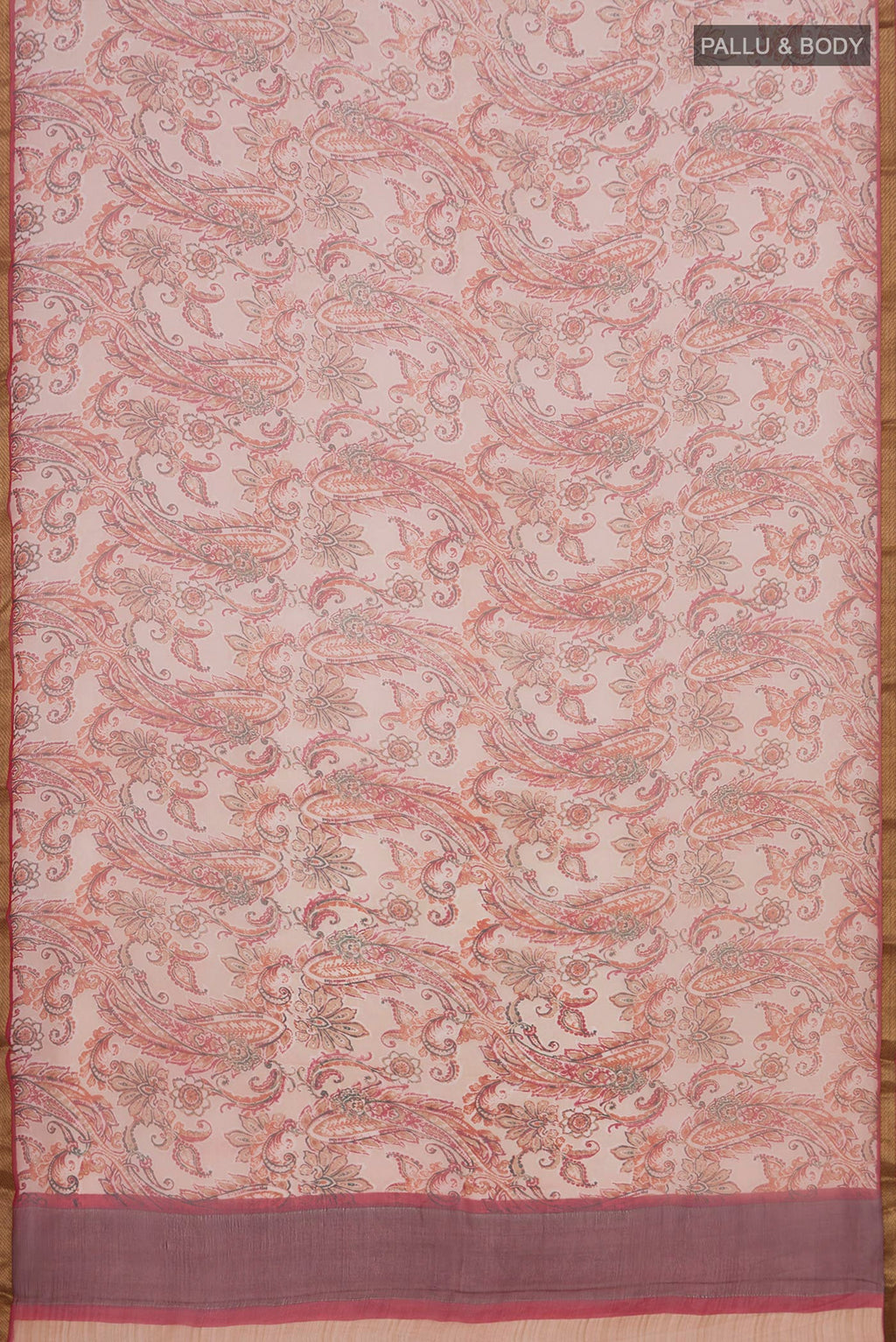 Flat view of Cream Chiffon Saree with Printed design on the body and Zari Border. 
