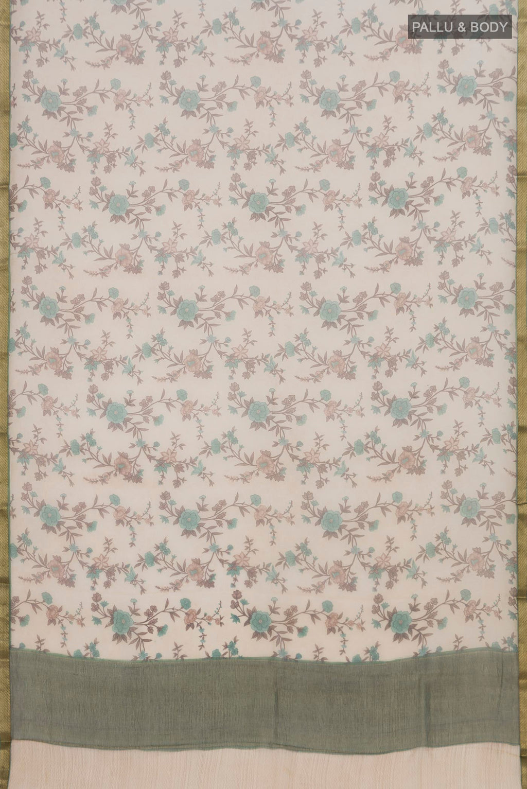 Flat view of Cream Chiffon Saree with Printed design on the body and Zari Border. 