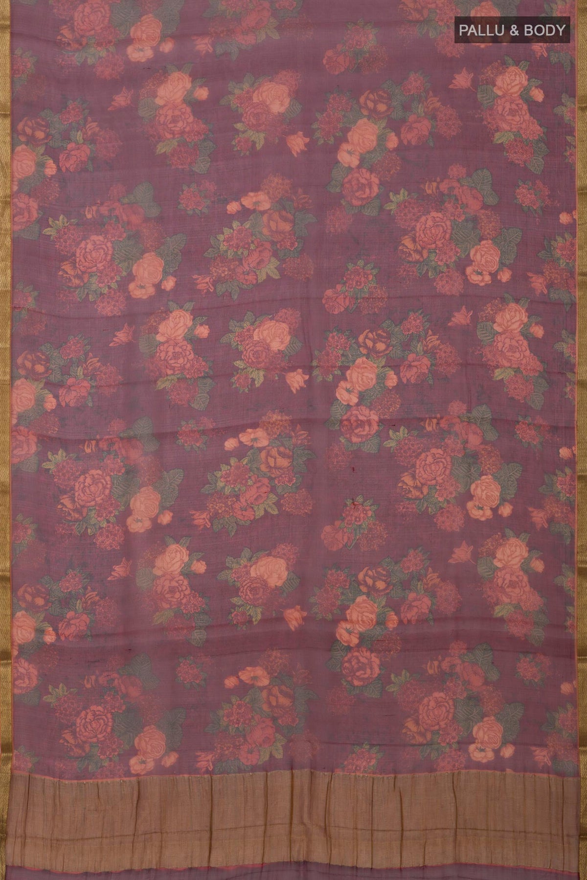 Flat view of Maroon Chiffon Saree with Printed design on the body and Zari Border. 