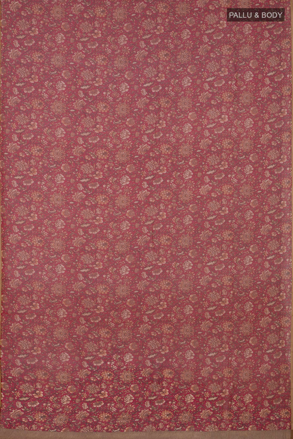 Flat view of Red Chiffon Saree with Printed design on the body and Plain Border. 