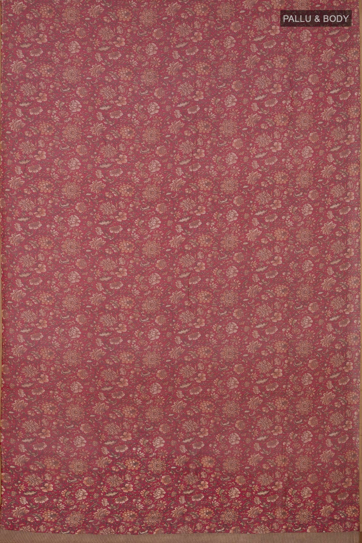 Flat view of Red Chiffon Saree with Printed design on the body and Plain Border. 