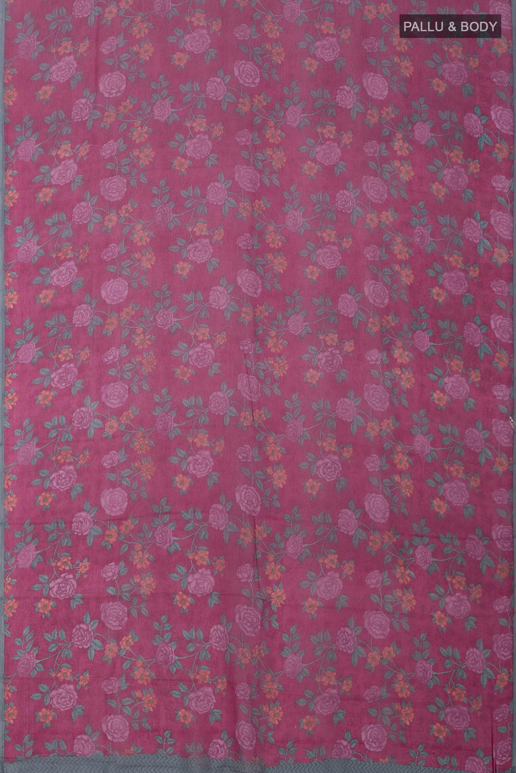 Flat view of Pink Chiffon Saree with Printed design on the body and Without Border. 