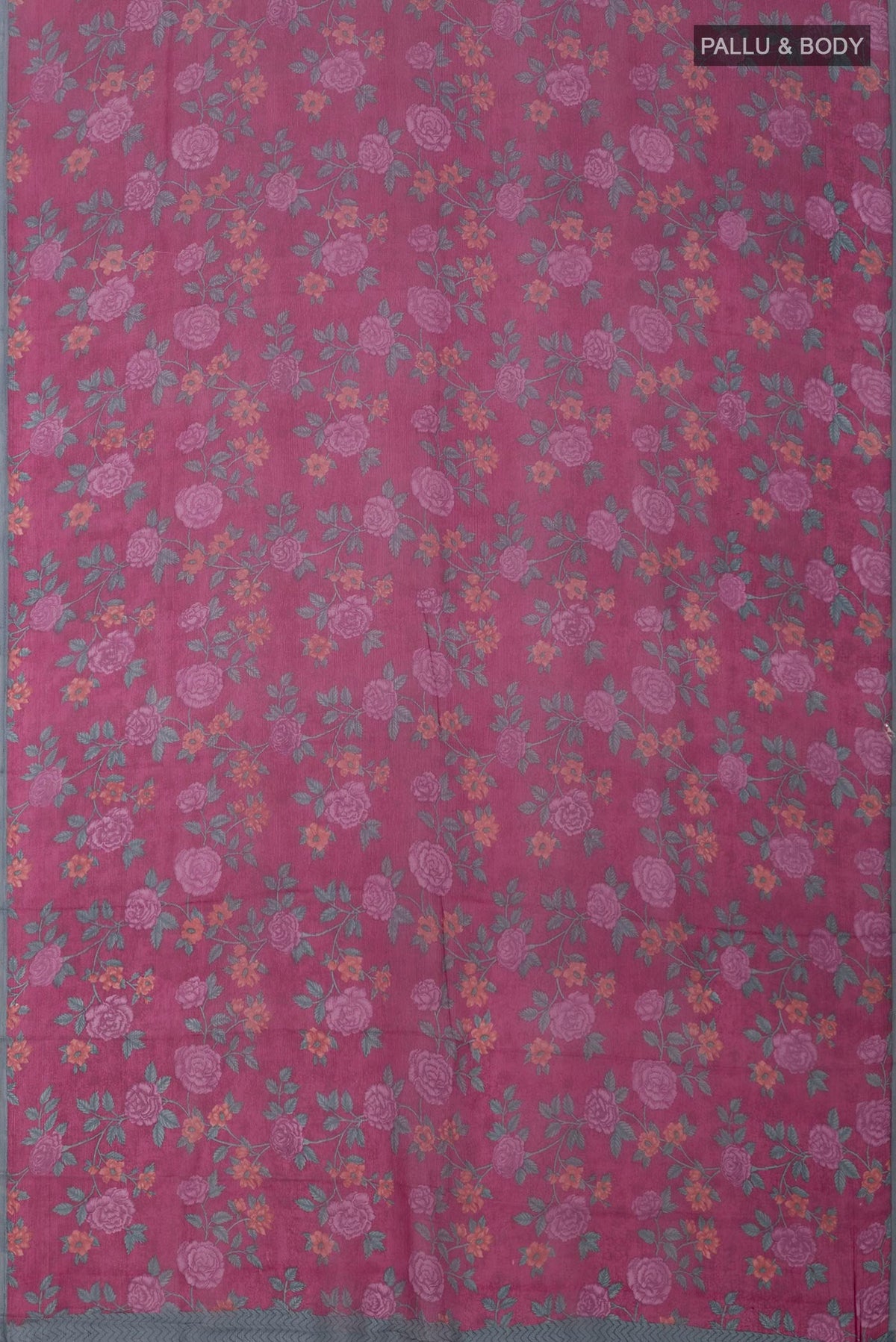 Flat view of Pink Chiffon Saree with Printed design on the body and Without Border. 