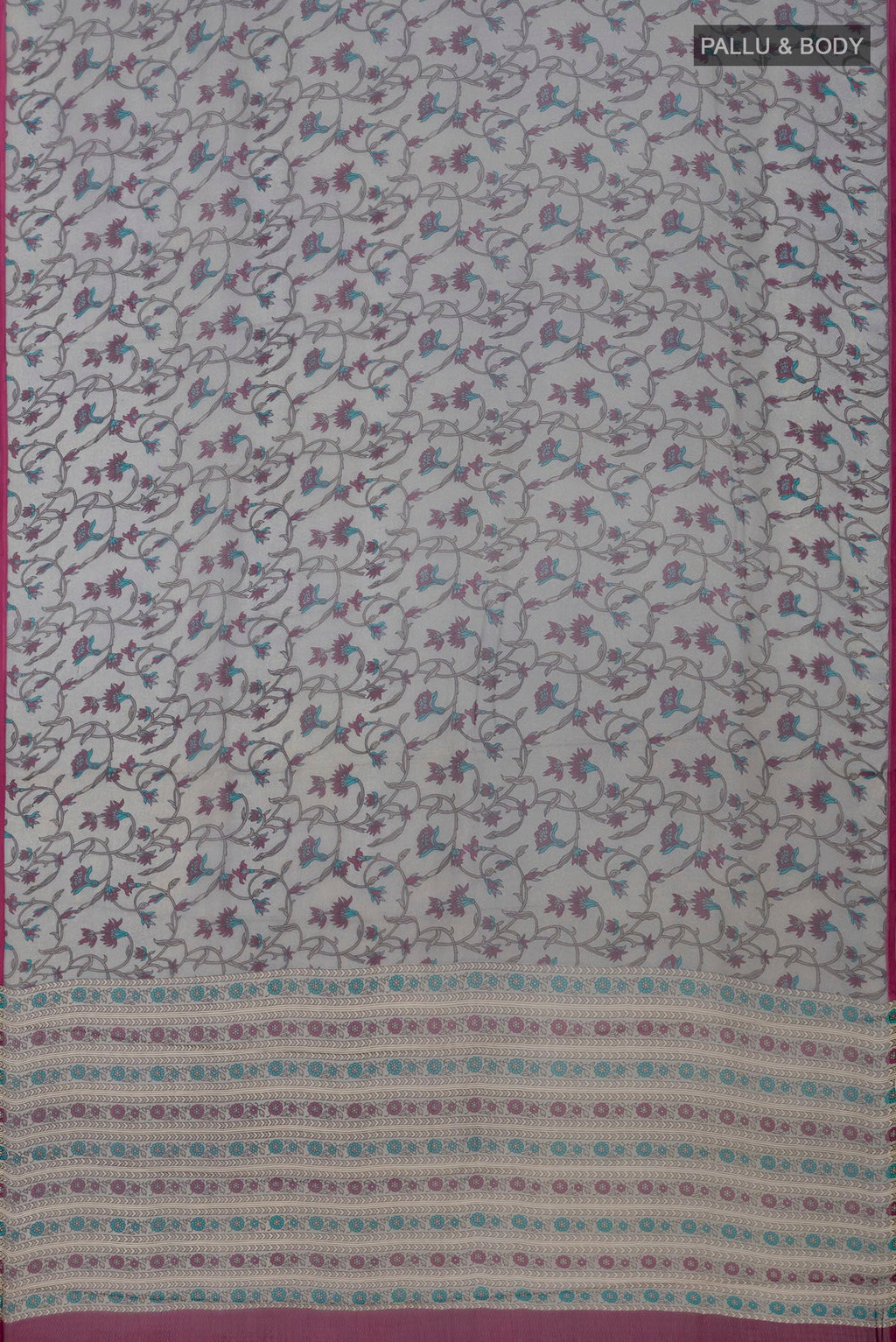 Flat view of Grey Chiffon Saree with Printed design on the body and Without Border. 