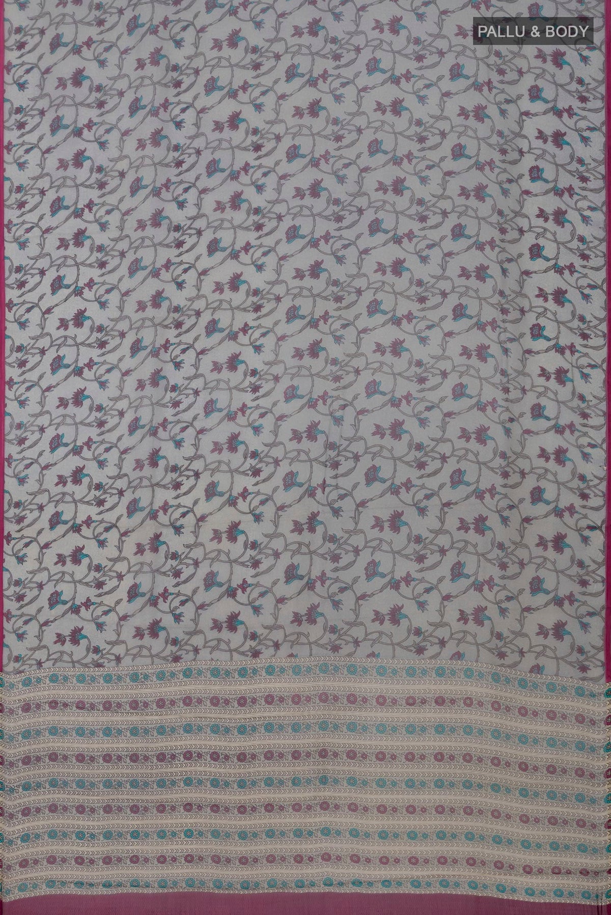 Flat view of Grey Chiffon Saree with Printed design on the body and Without Border. 