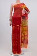 Orange Chiffon Saree with Printed design on the body and Plain Border.  displayed on a mannequin
