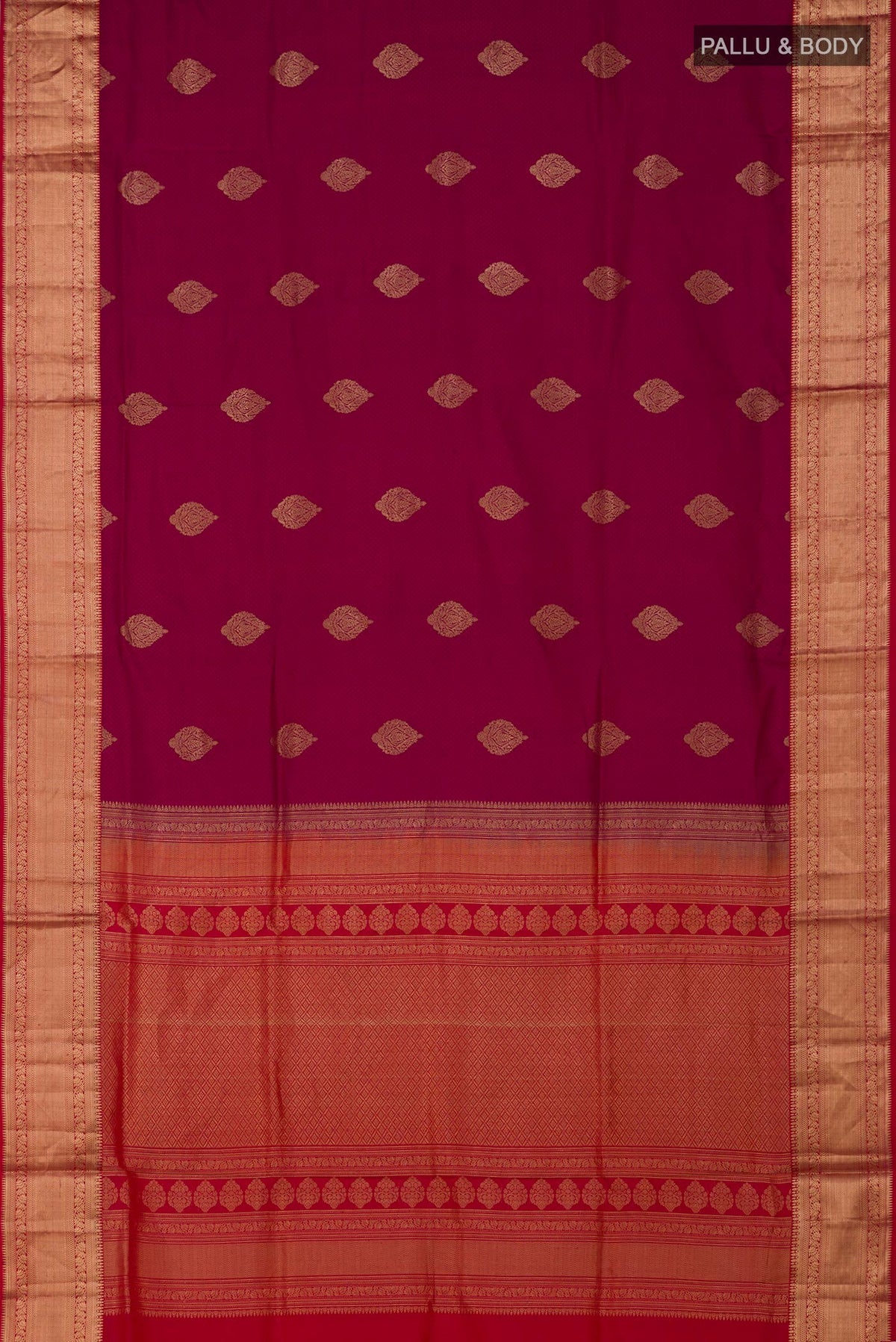Flat view of Purple Soft Silk Saree with Jacquard With Zari Butta on the body and Zari Border. 