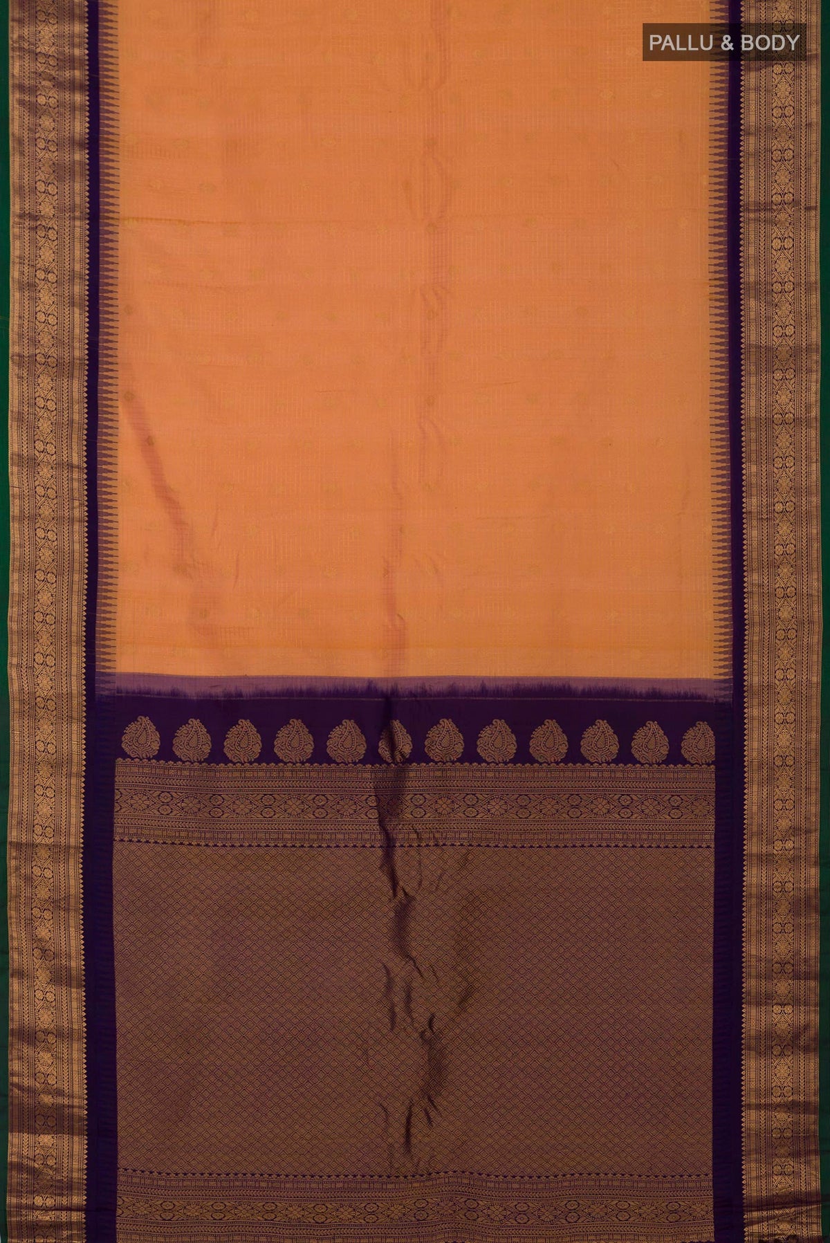 Flat view of Peach Gadwal Silk Saree with Checked design on the body and Zari Border. 