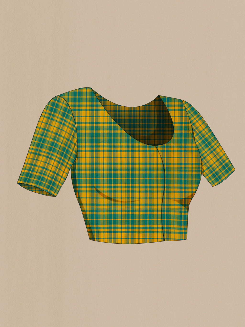 Close up image of the blouse of Green Gadwal Silk Saree with Plain Body and Checks Border. 